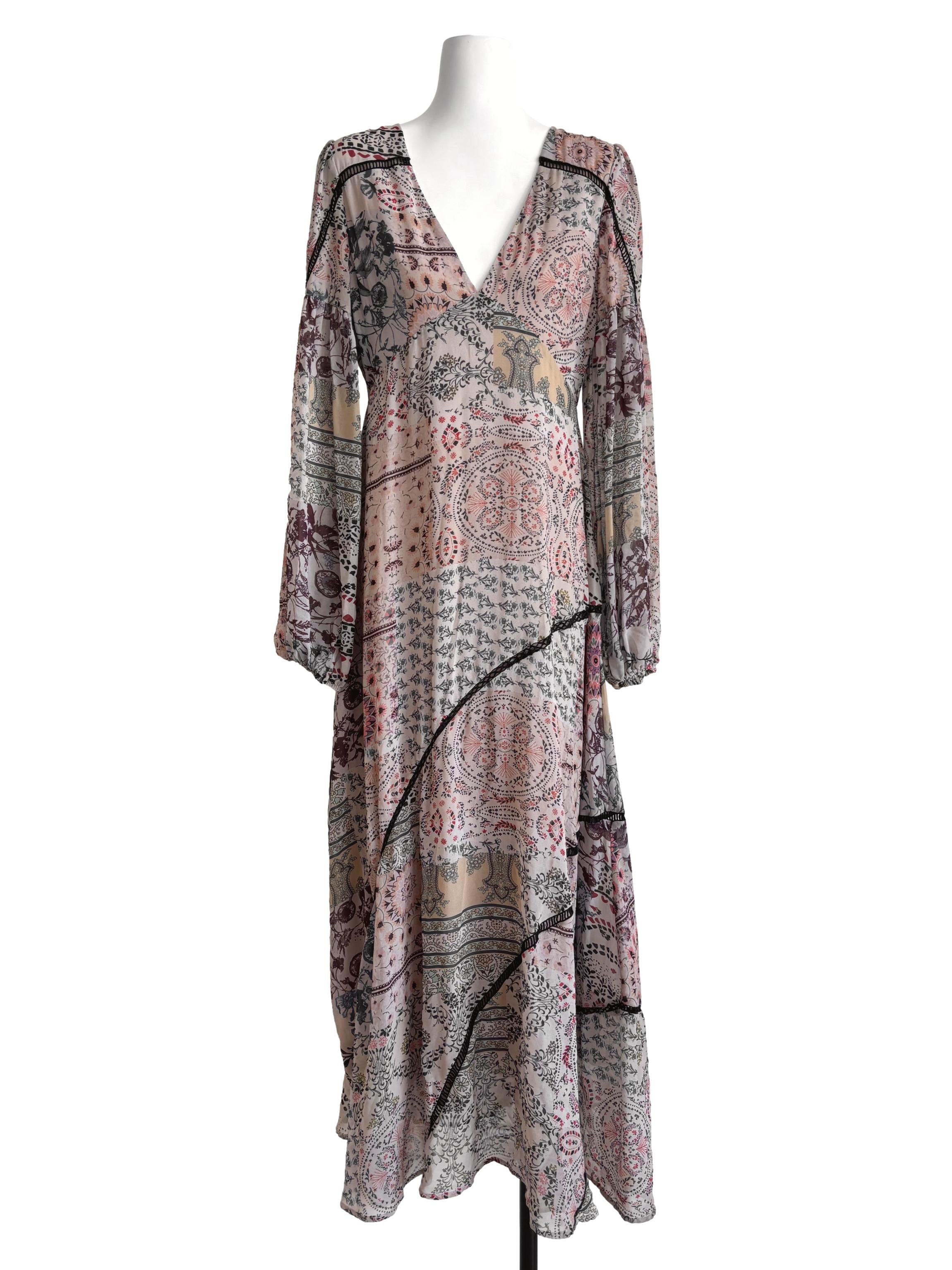 Khaki Long Sleeve Printed Maxi Dress