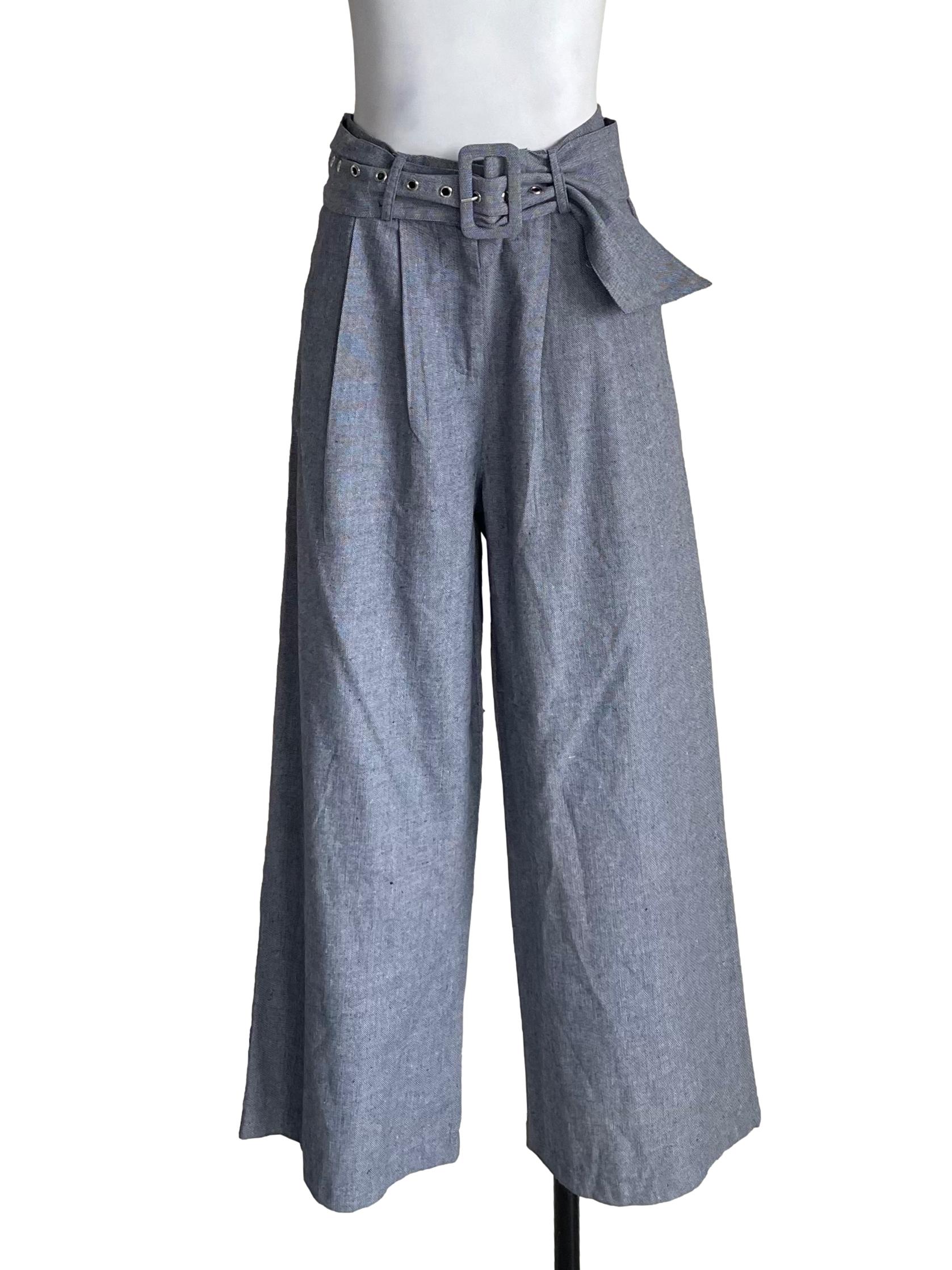 Pale Denim Pleated Wide Leg Pants