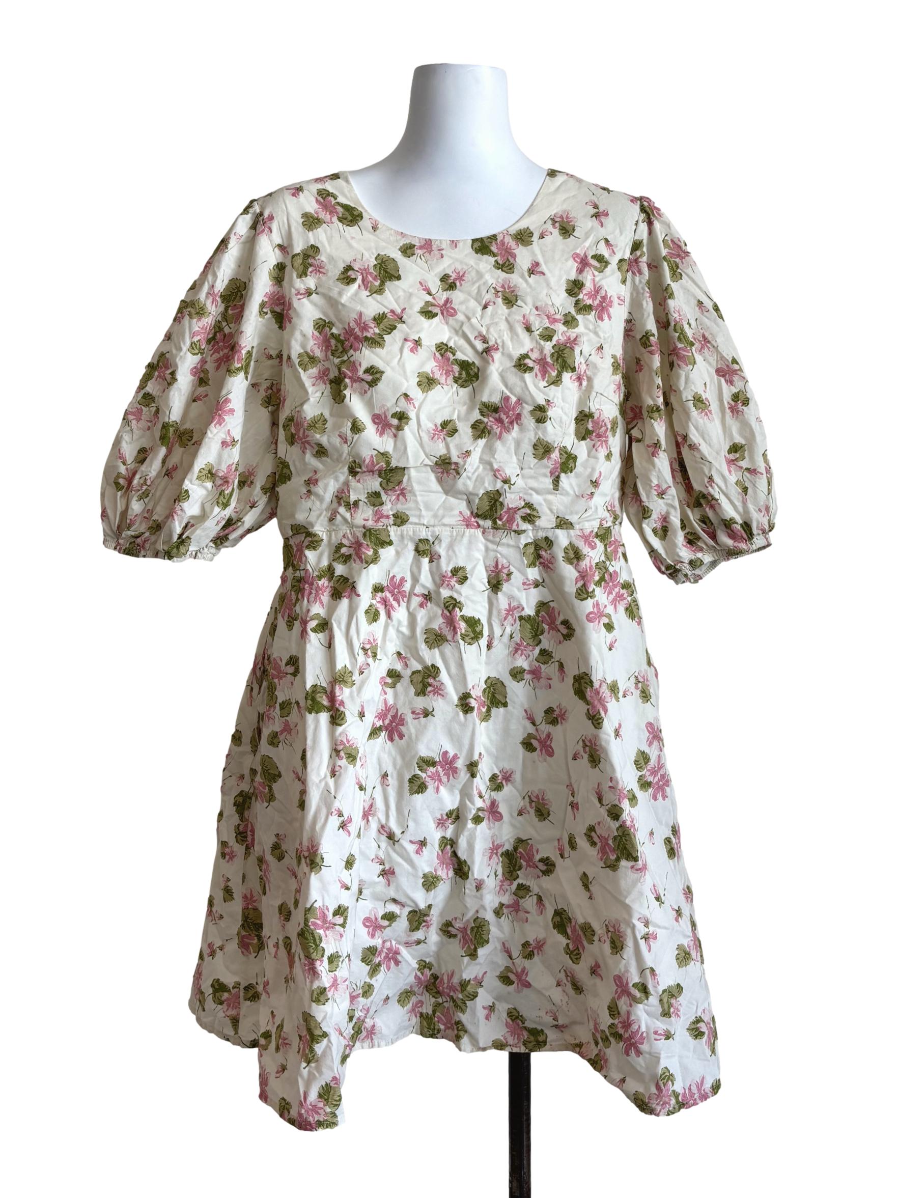 Ivory White Puff Sleeve Floral Dress