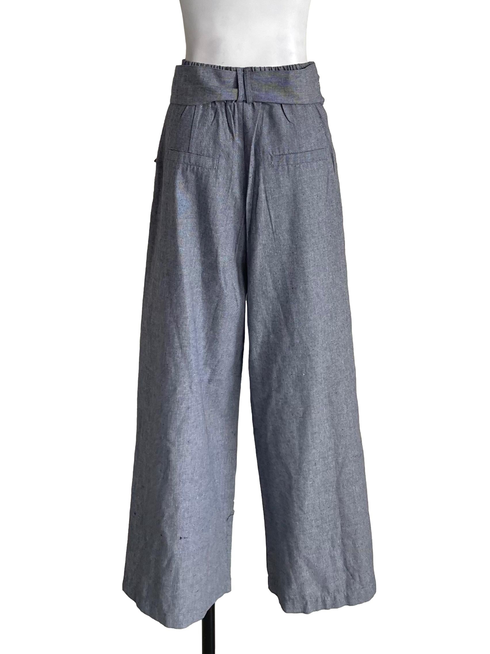 Pale Denim Pleated Wide Leg Pants