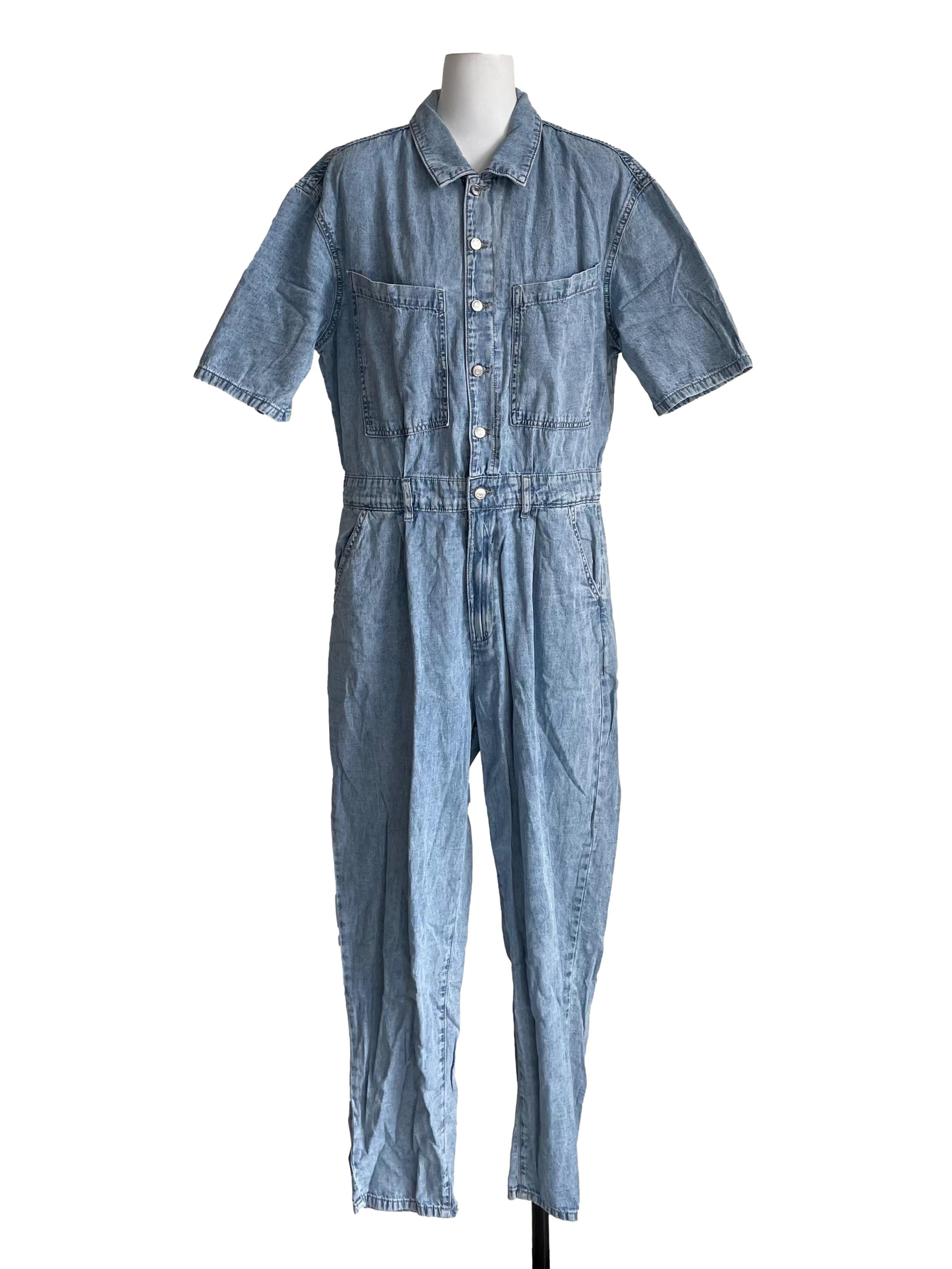 Light Blue Bust Pocket Shirt Denim Jumpsuit