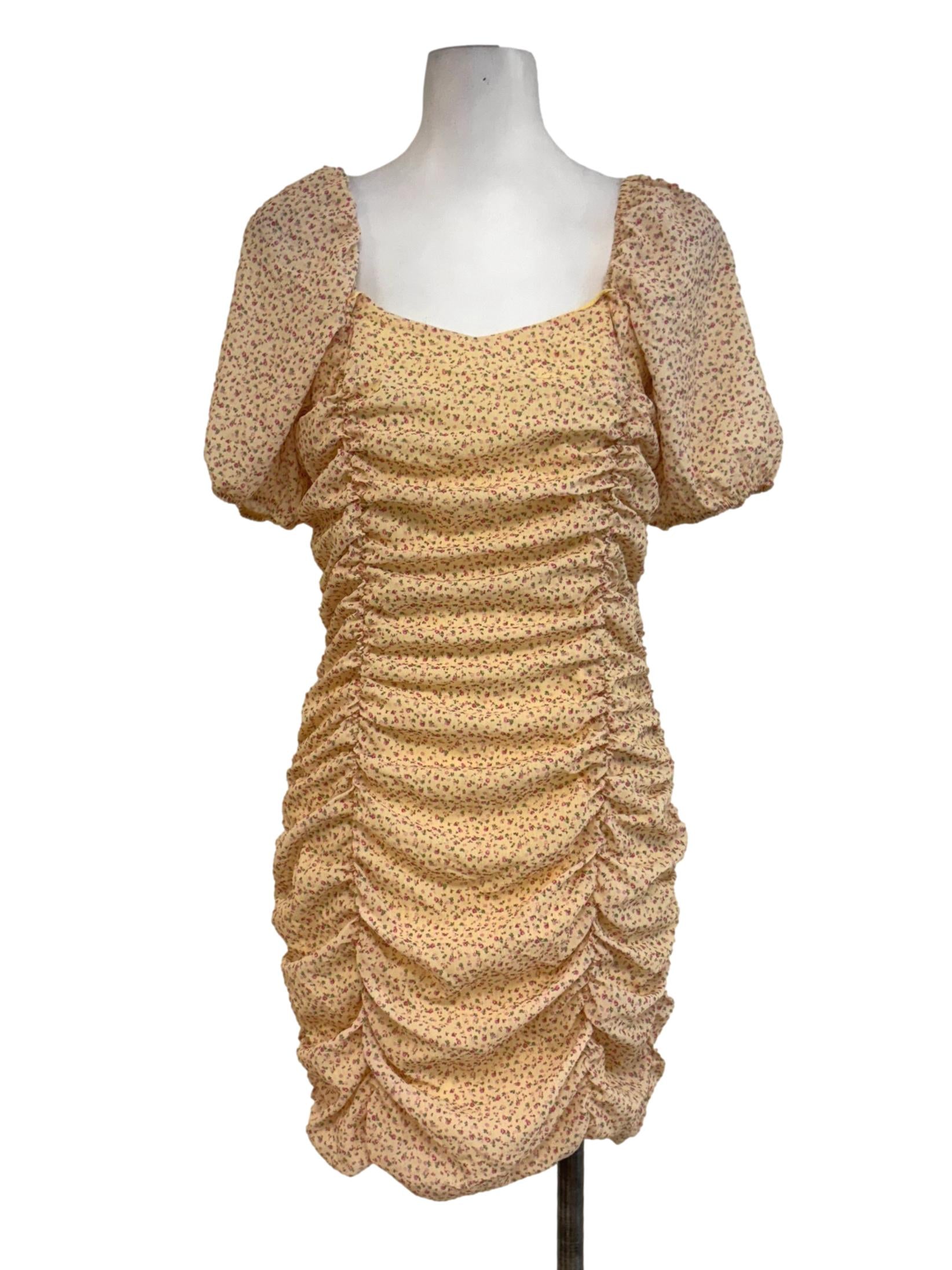 Shortbread Yellow Floral Ruched Bodycon Dress