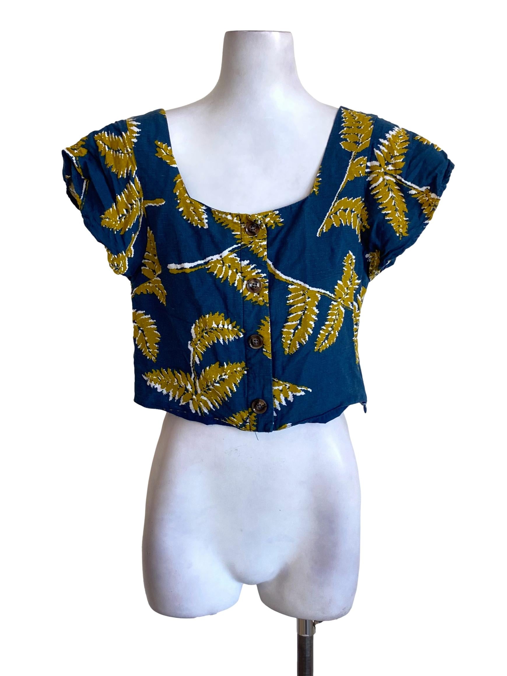 Navy Blue Petal Printed Drop Shoulder Sleeved Cropped Top