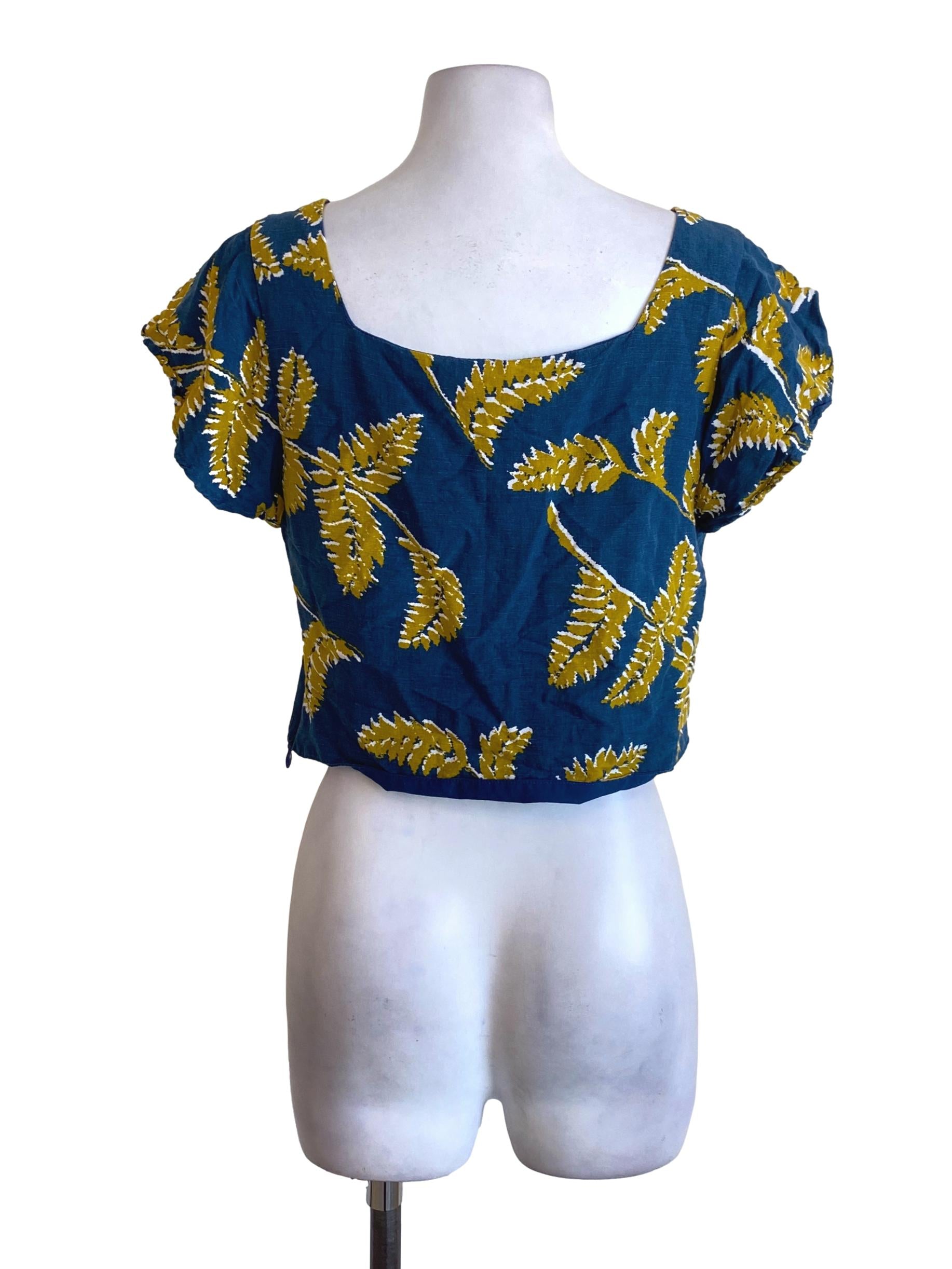 Navy Blue Petal Printed Drop Shoulder Sleeved Cropped Top