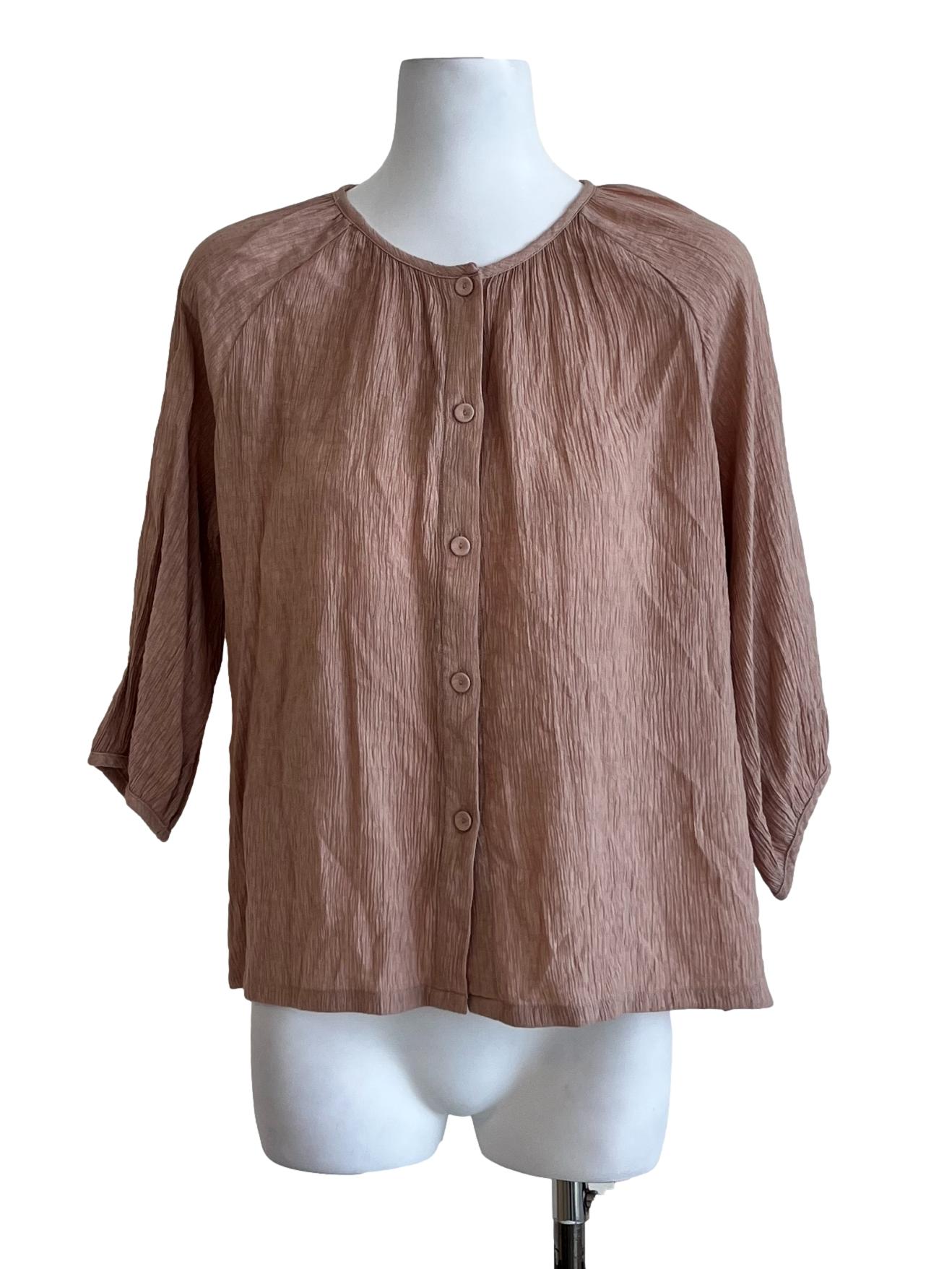 Brown Full Button Long Sleeve Blouse