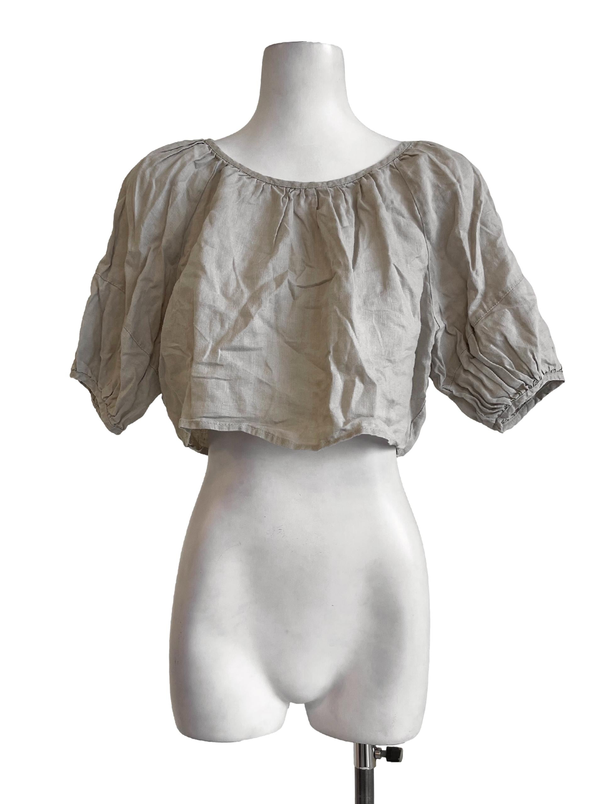 Ash Beige Puffed Sleeves Crop Top TEM