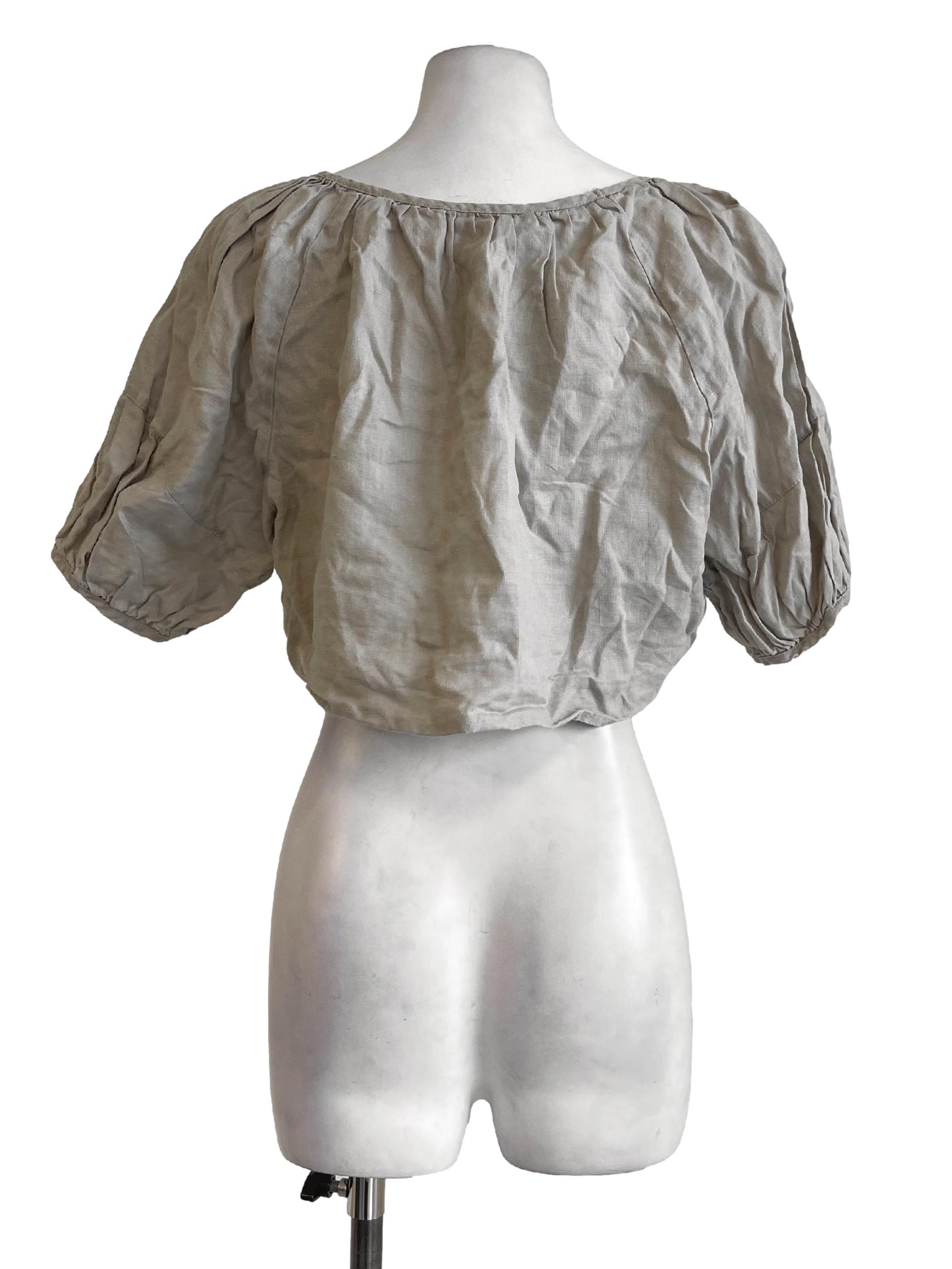 Ash Beige Puffed Sleeves Crop Top TEM