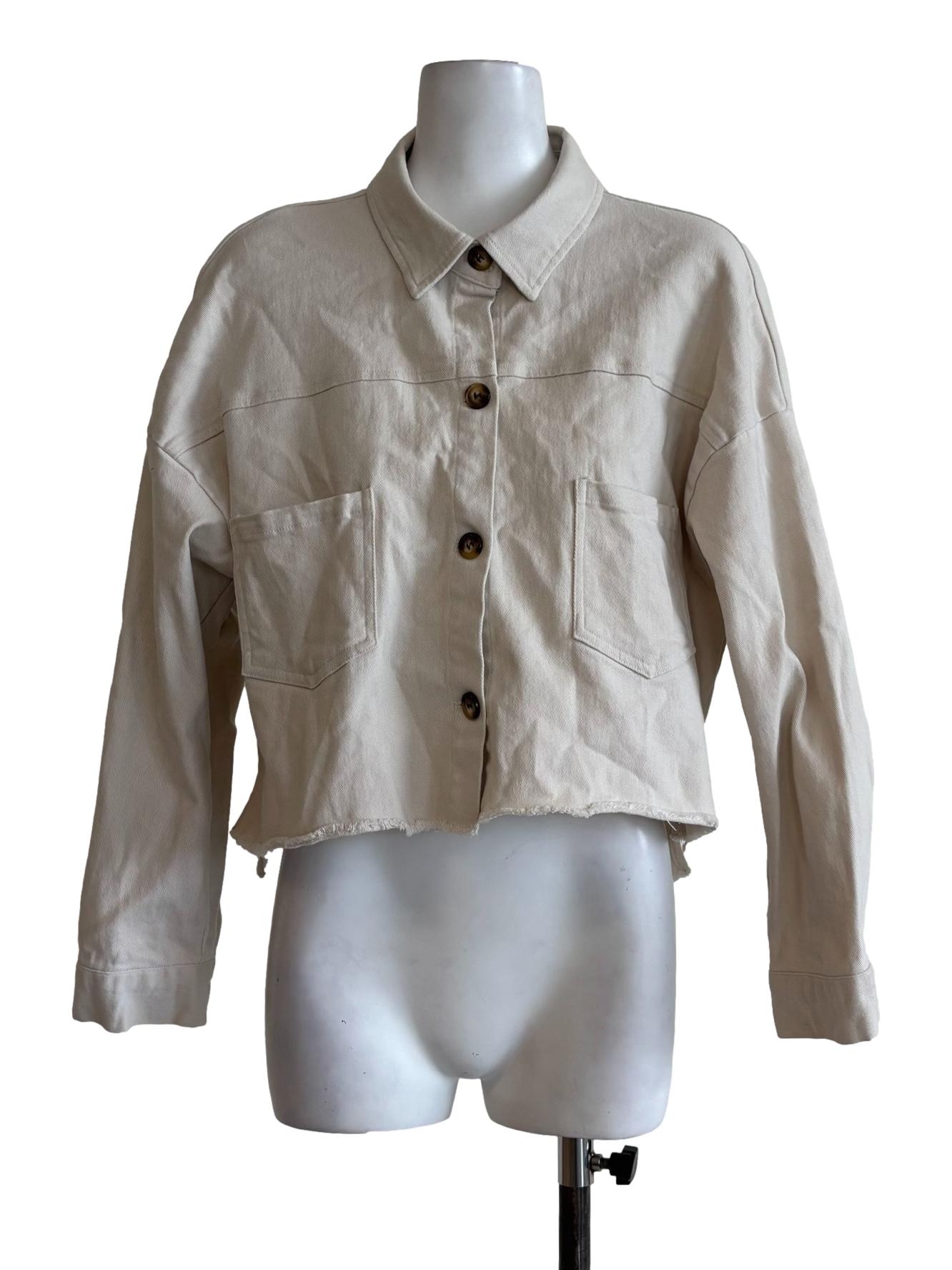Beige Cotton Frayed Button Shirt