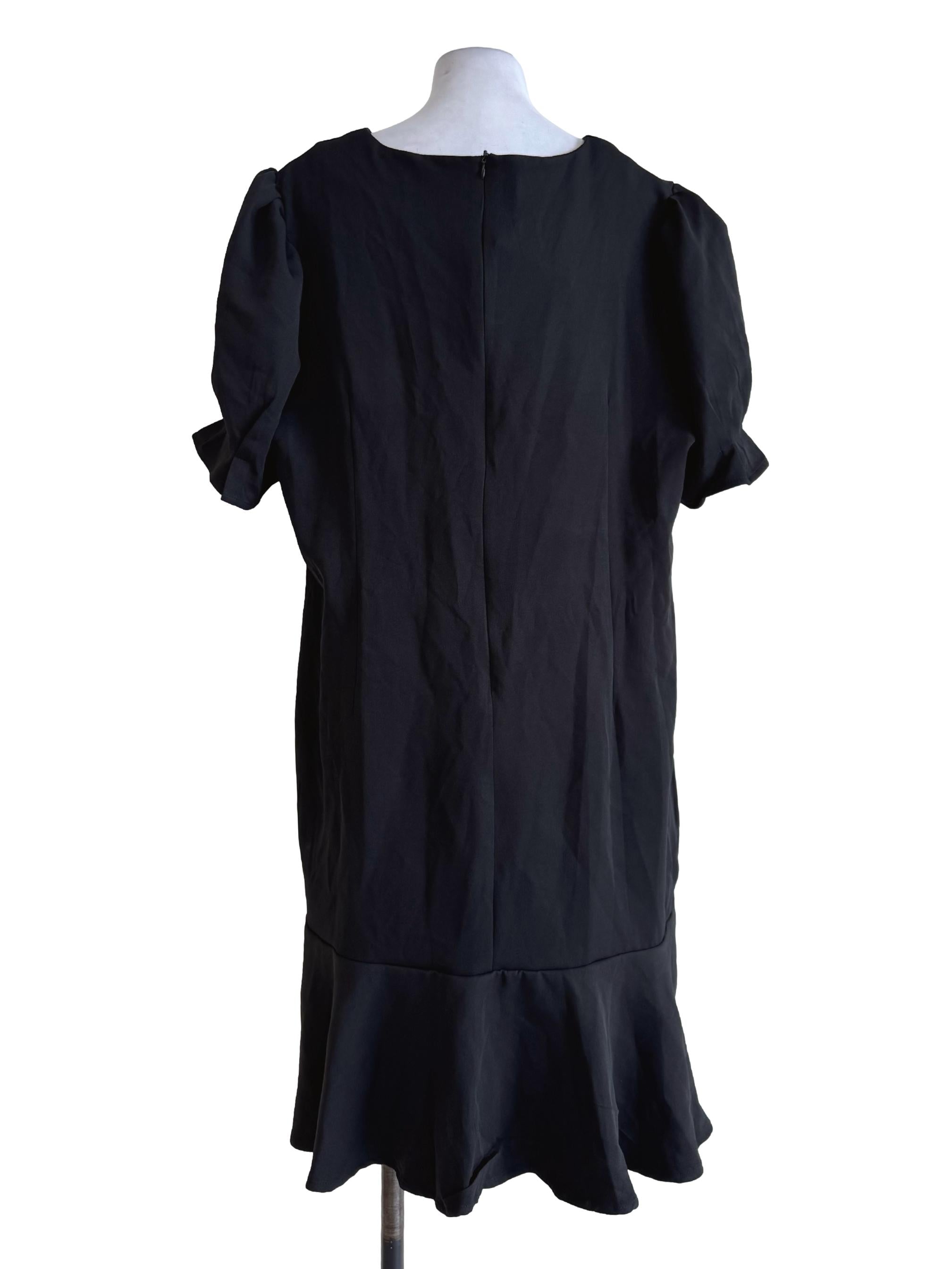 Ant Black With Pearl Flower Buttons Short Sleeve Dress