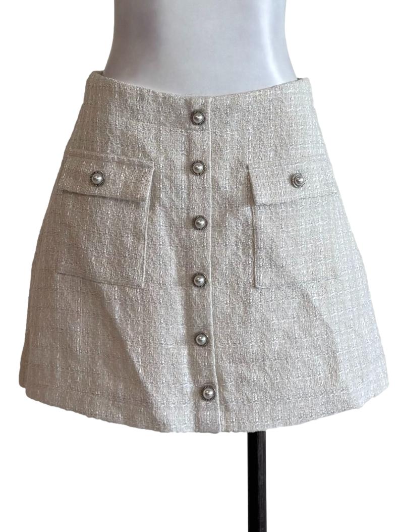 White Pearl Button Tweed Mini Skirt