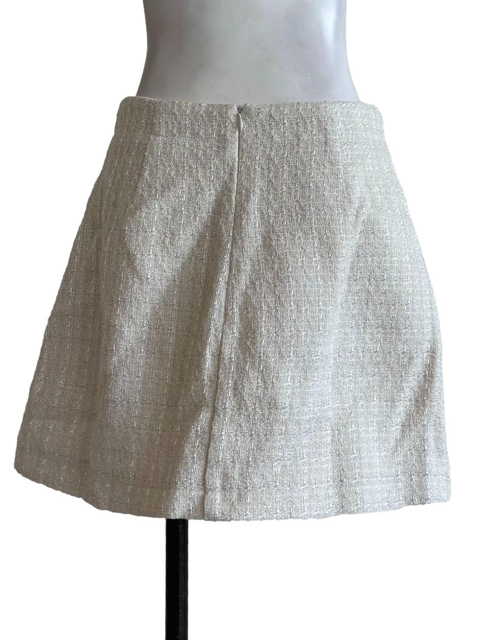 White Pearl Button Tweed Mini Skirt