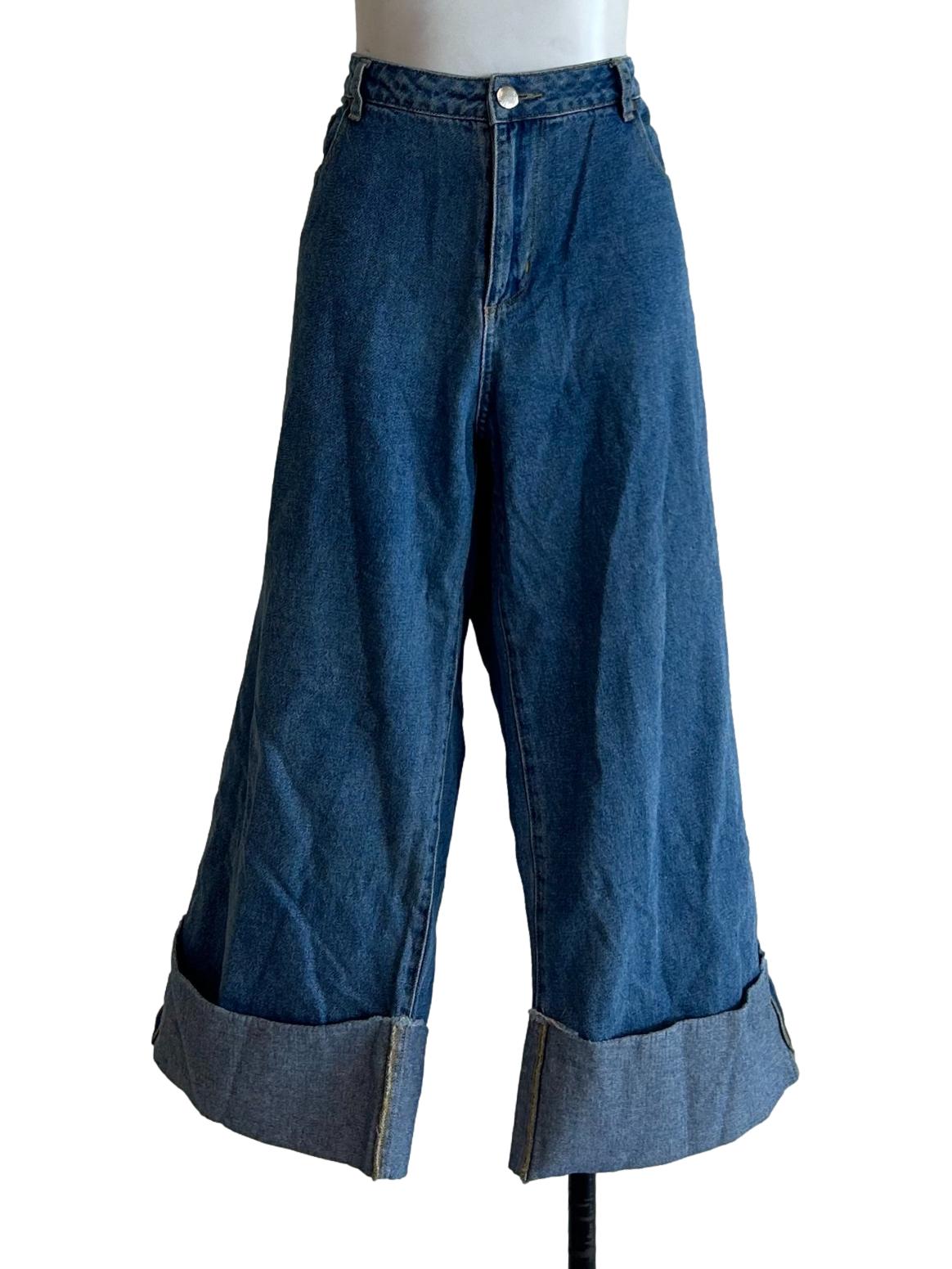 Mid Blue Straight Leg Turn-Up Jeans