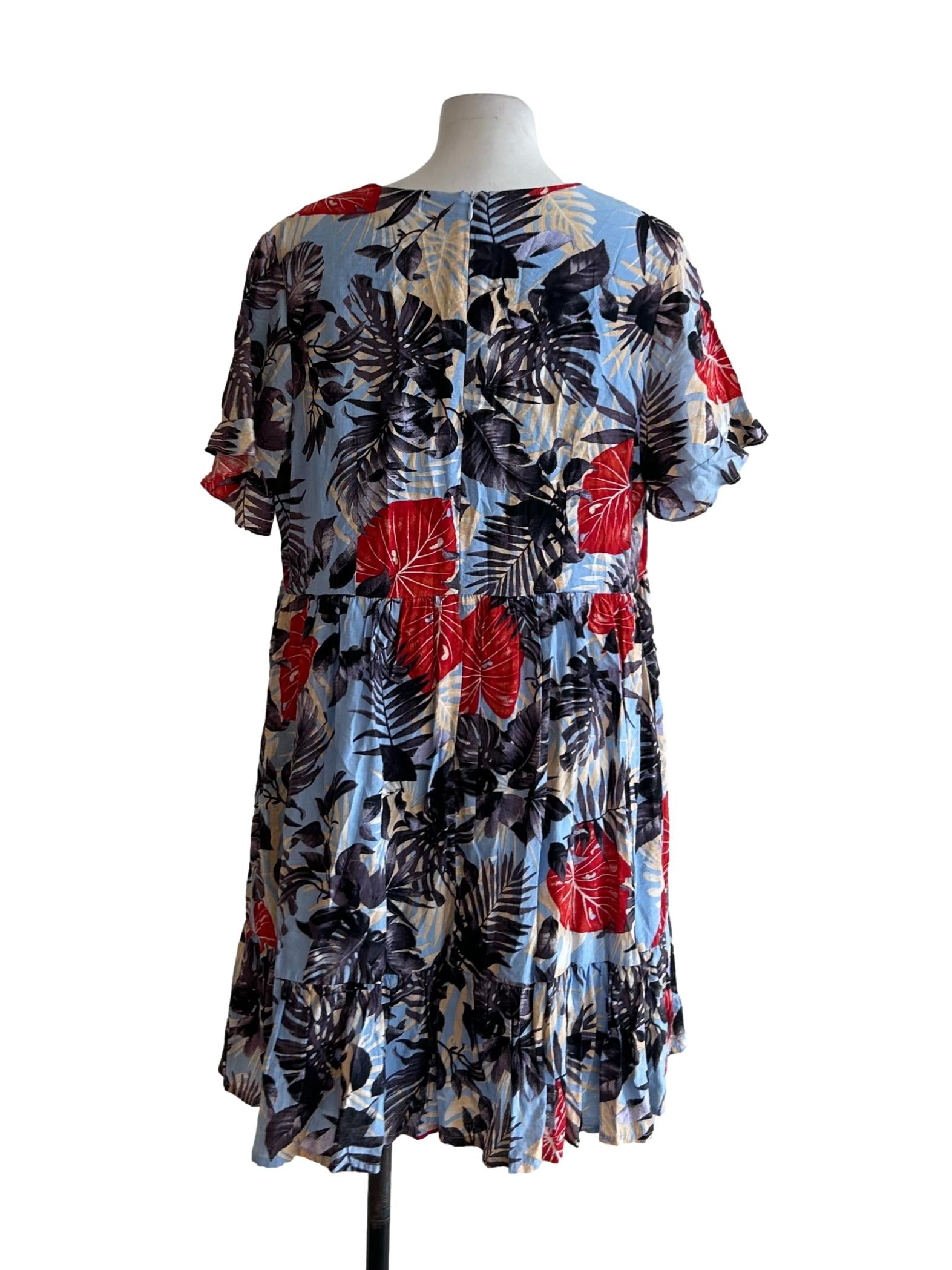 Blue Floral Print V-Neck Dress