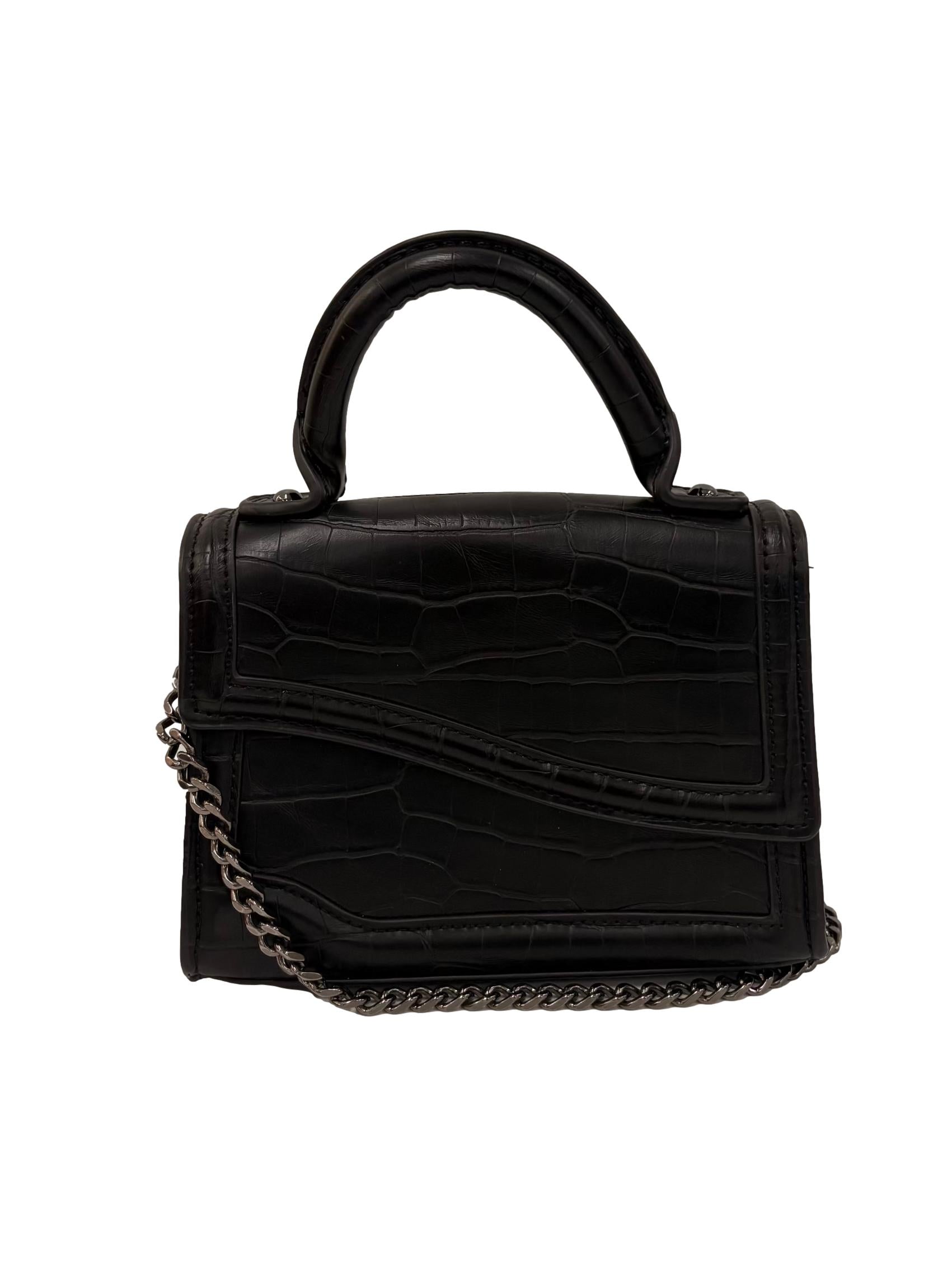 Black Mock Croc Mini City Bag With Asymmetric Flap