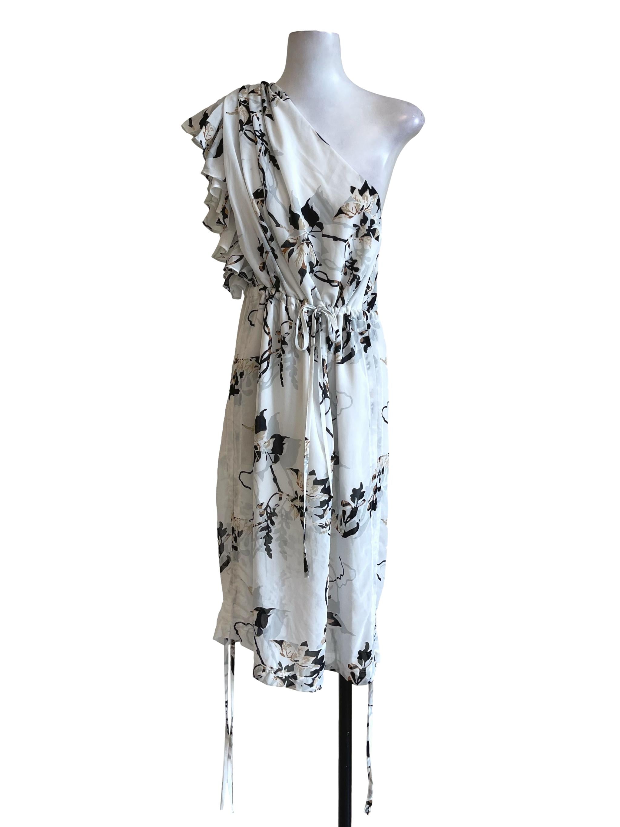 White Printed Floral Single Sleeves Dress