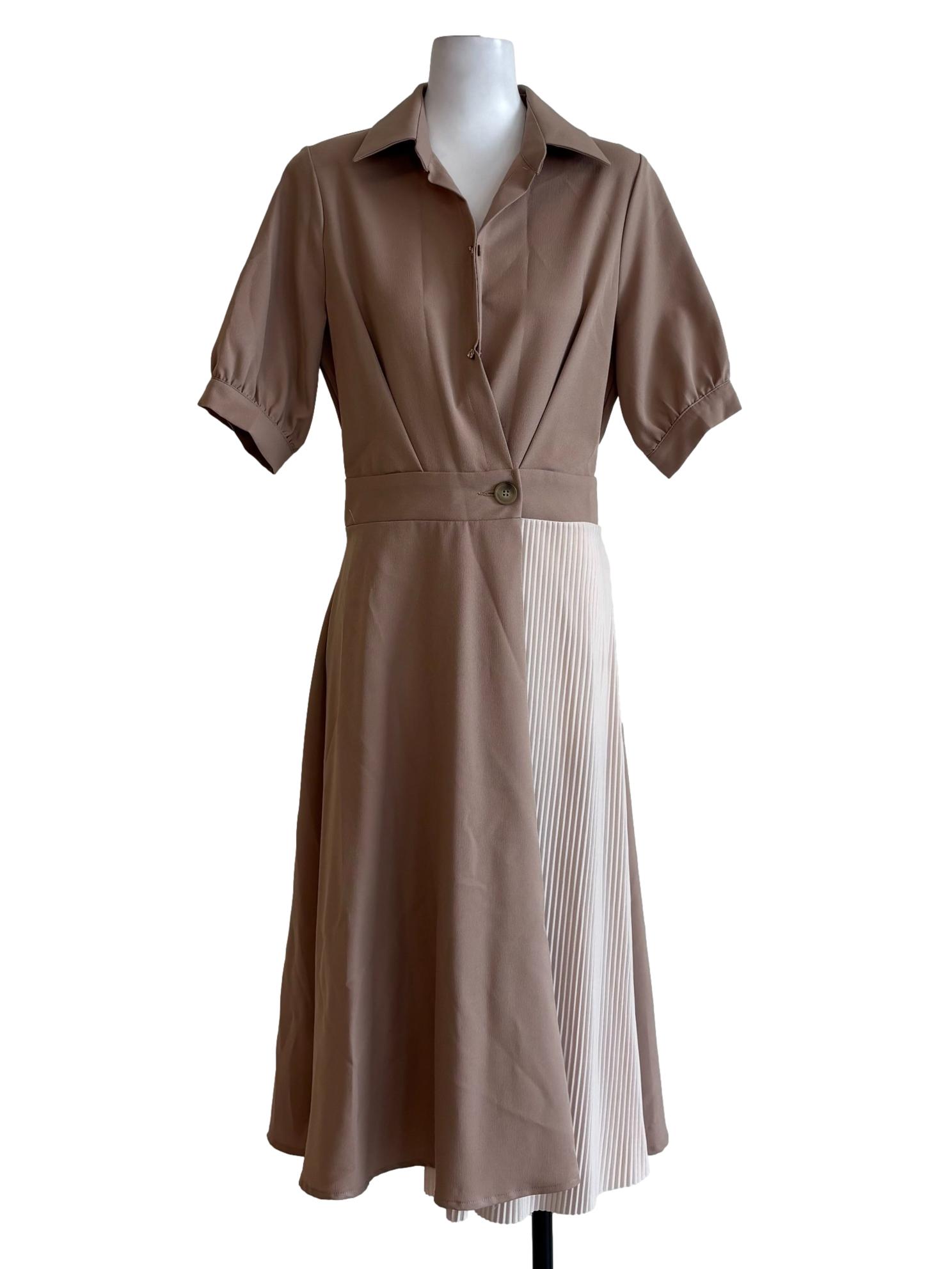 Buff Brown Shortsleeve Side Pleats Dress