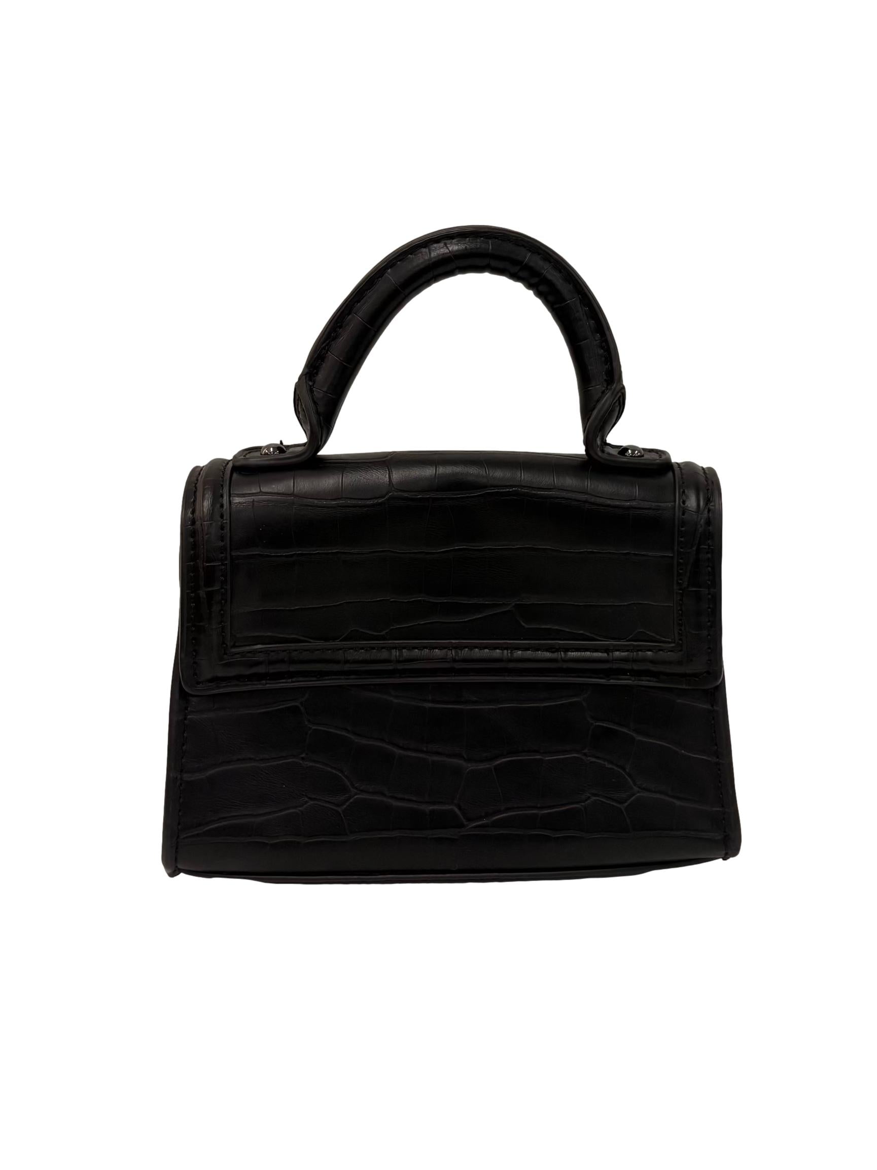 Black Mock Croc Mini City Bag With Asymmetric Flap