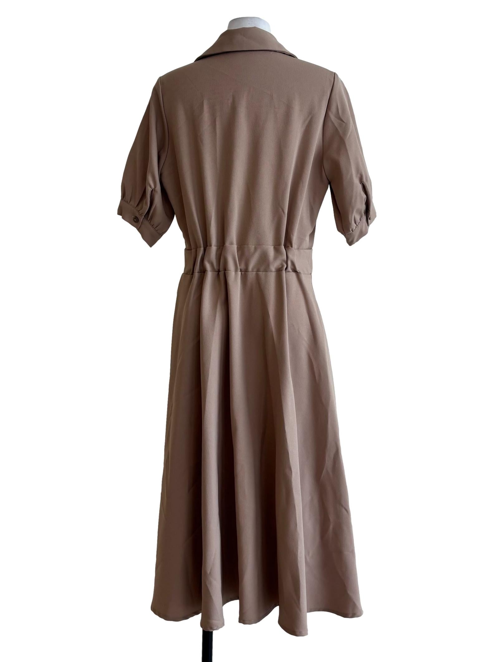 Buff Brown Shortsleeve Side Pleats Dress