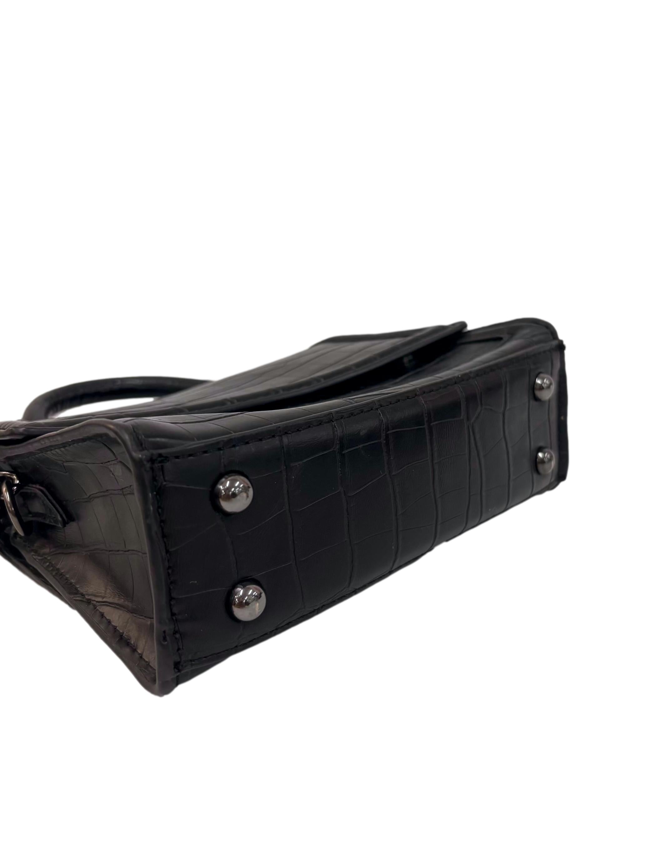 Black Mock Croc Mini City Bag With Asymmetric Flap
