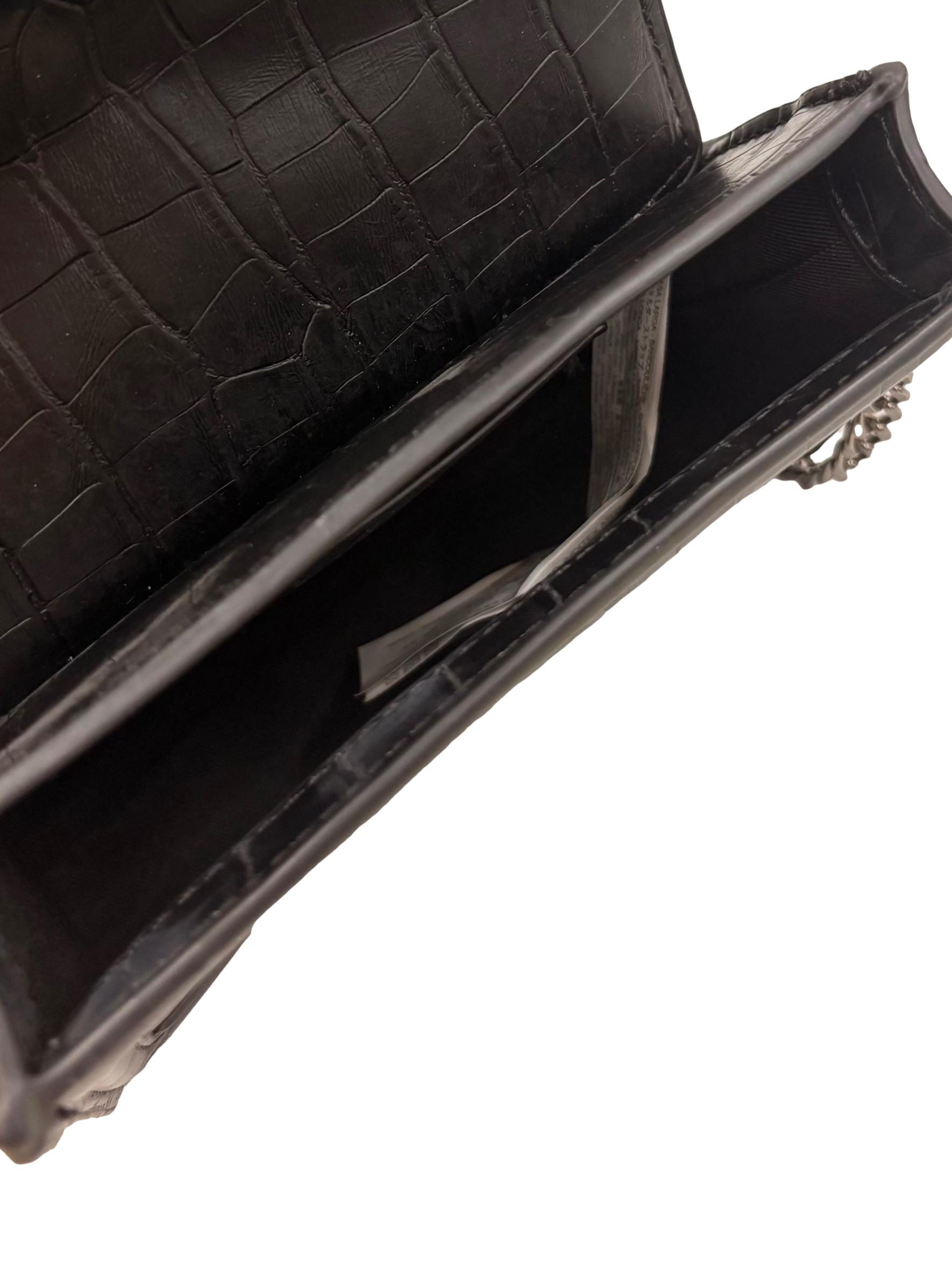 Black Mock Croc Mini City Bag With Asymmetric Flap