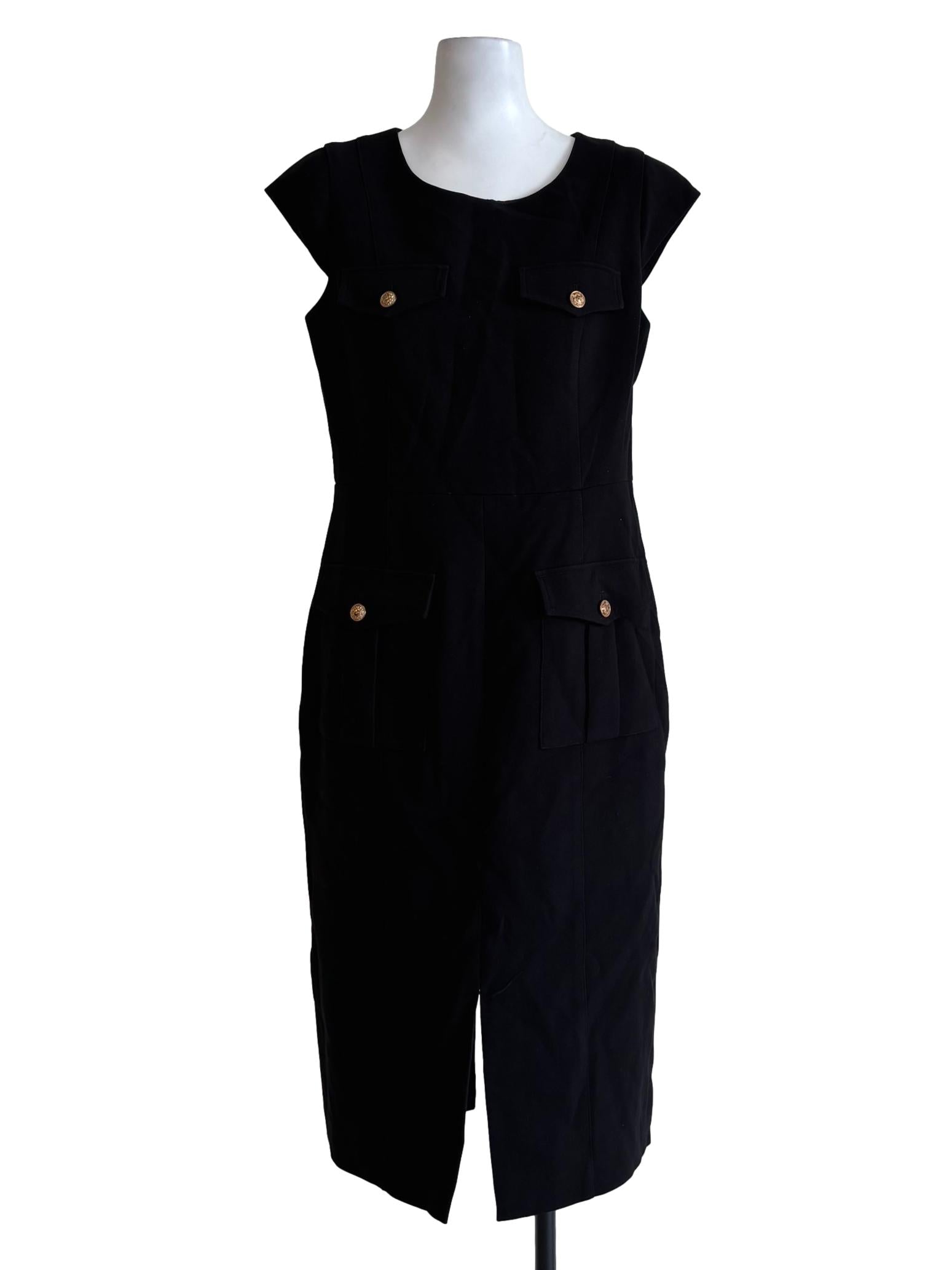 Night Black Sleeveless Gold Button Dress