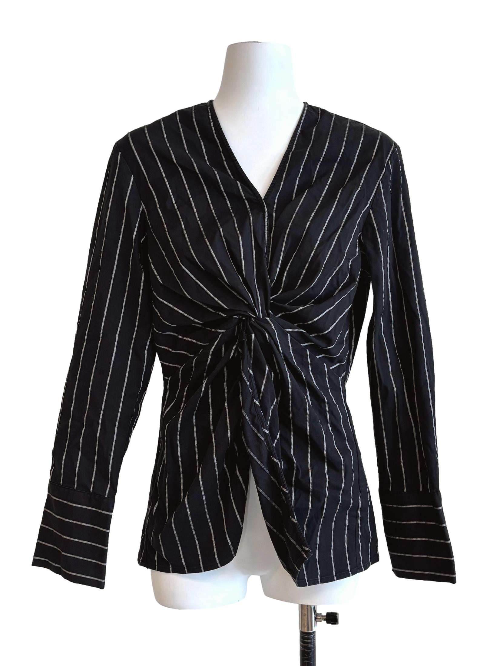 Jet Black Striped Front Twist Blouse