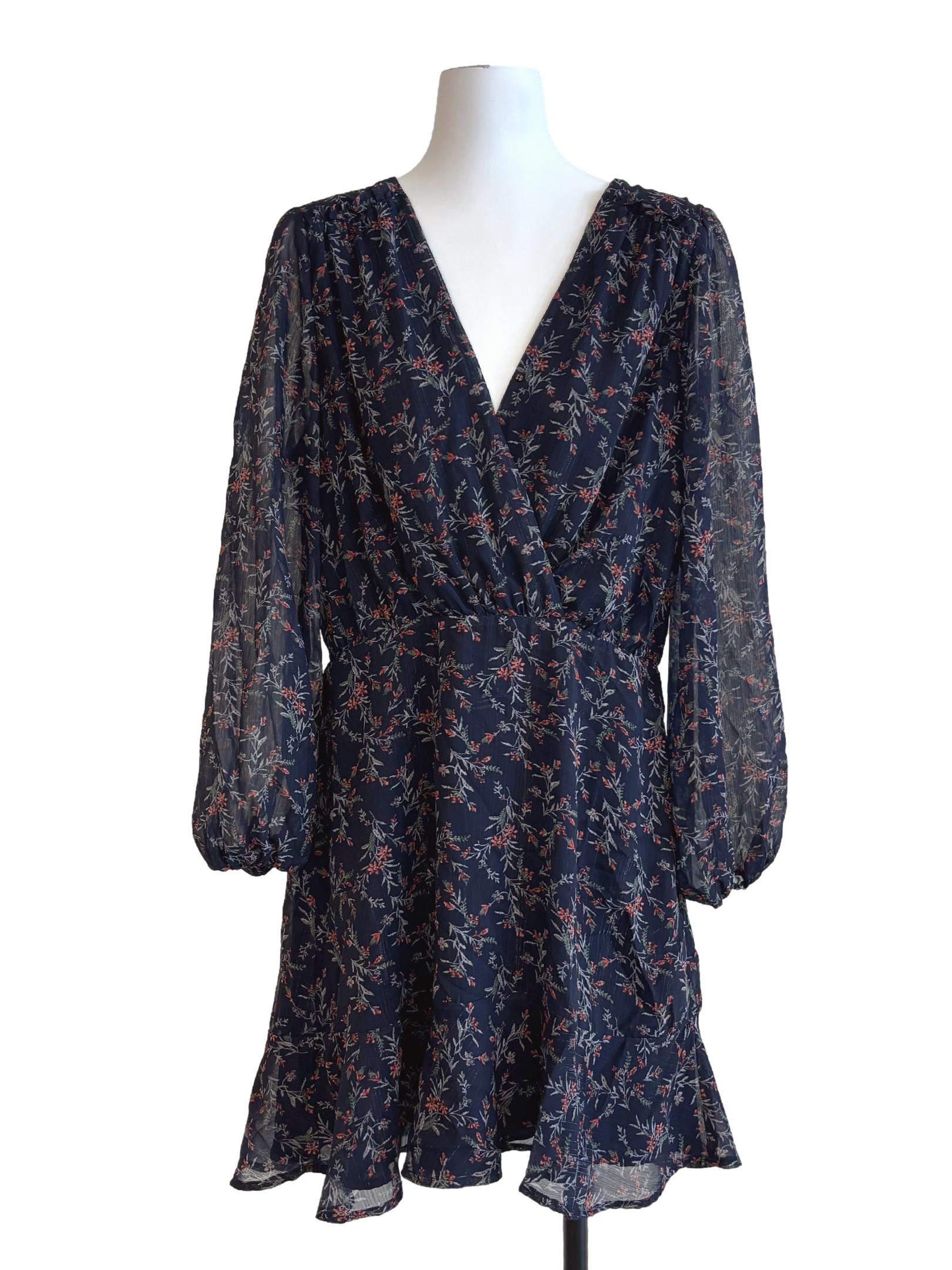 Blue Black Floral Surplice Dress
