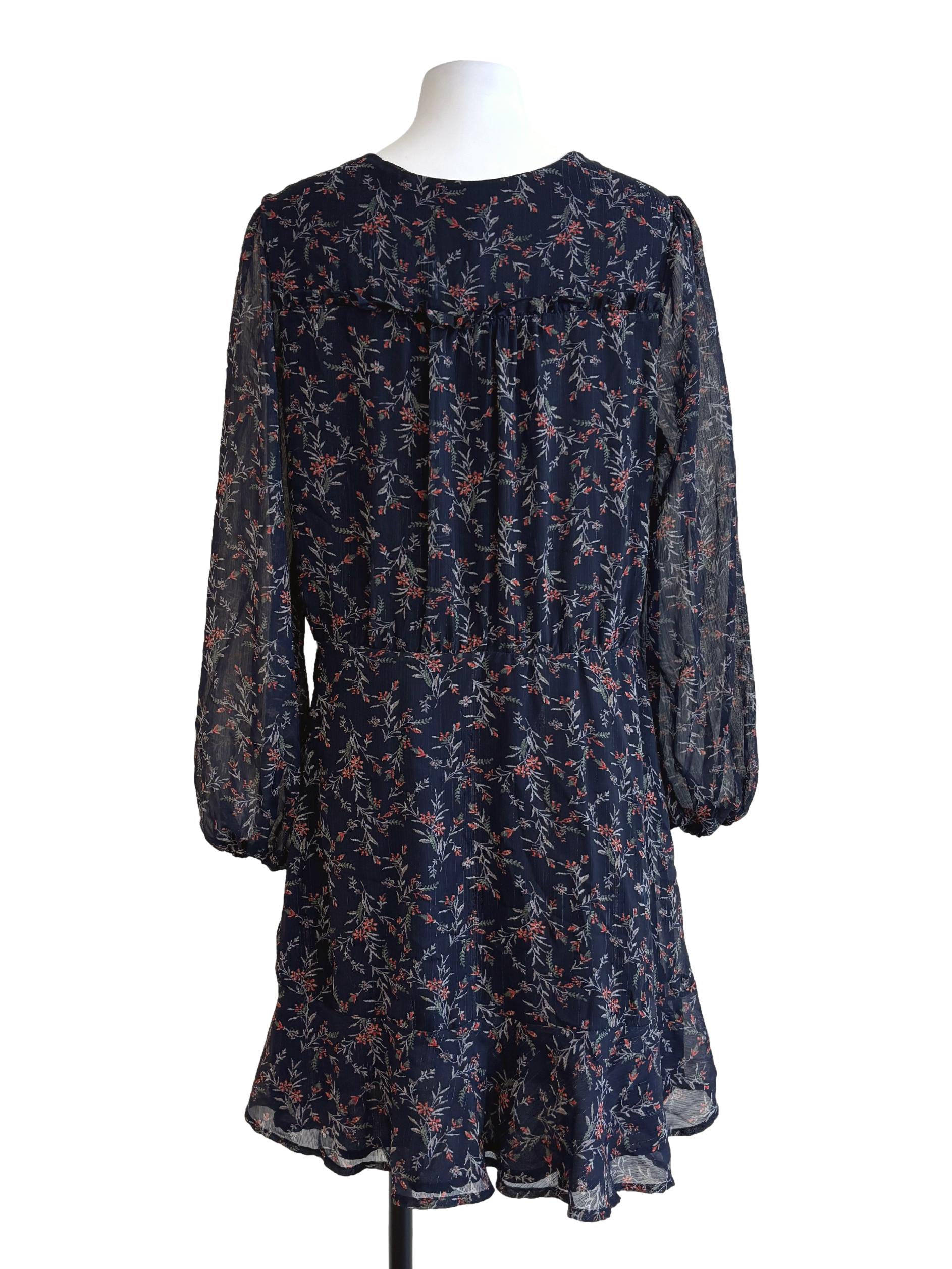 Blue Black Floral Surplice Dress