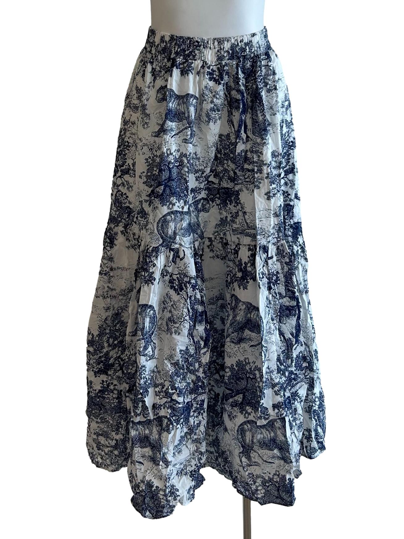 White And Dark Blue Printed Tiered Skirt