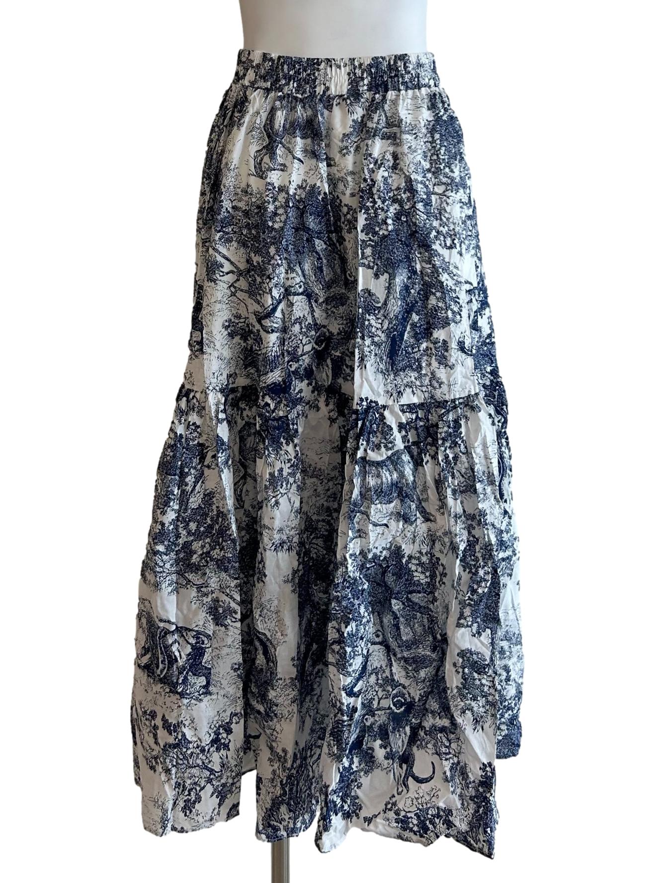 White And Dark Blue Printed Tiered Skirt