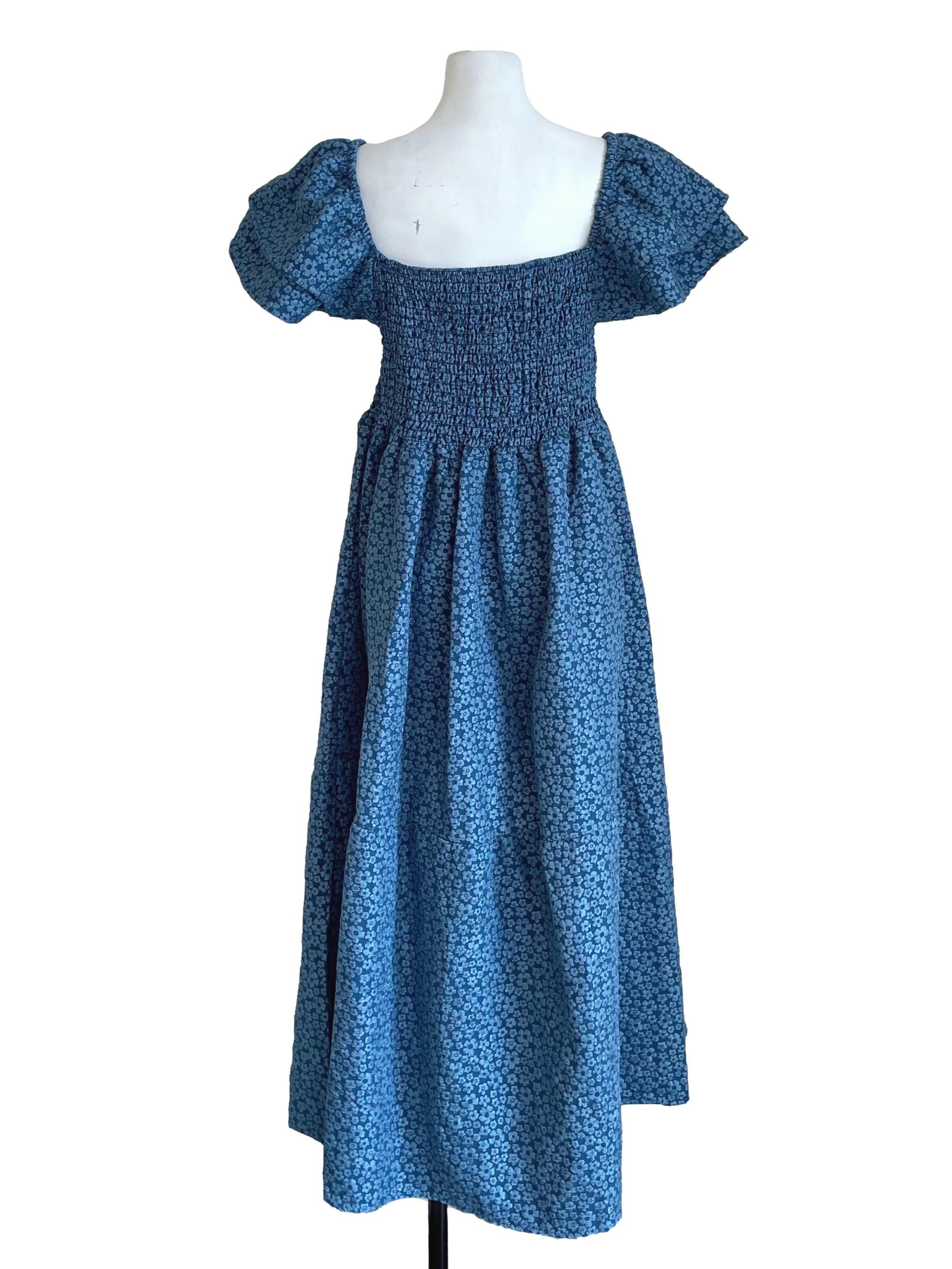 Blue Floral Butterfly Sleeves Shirred Dress