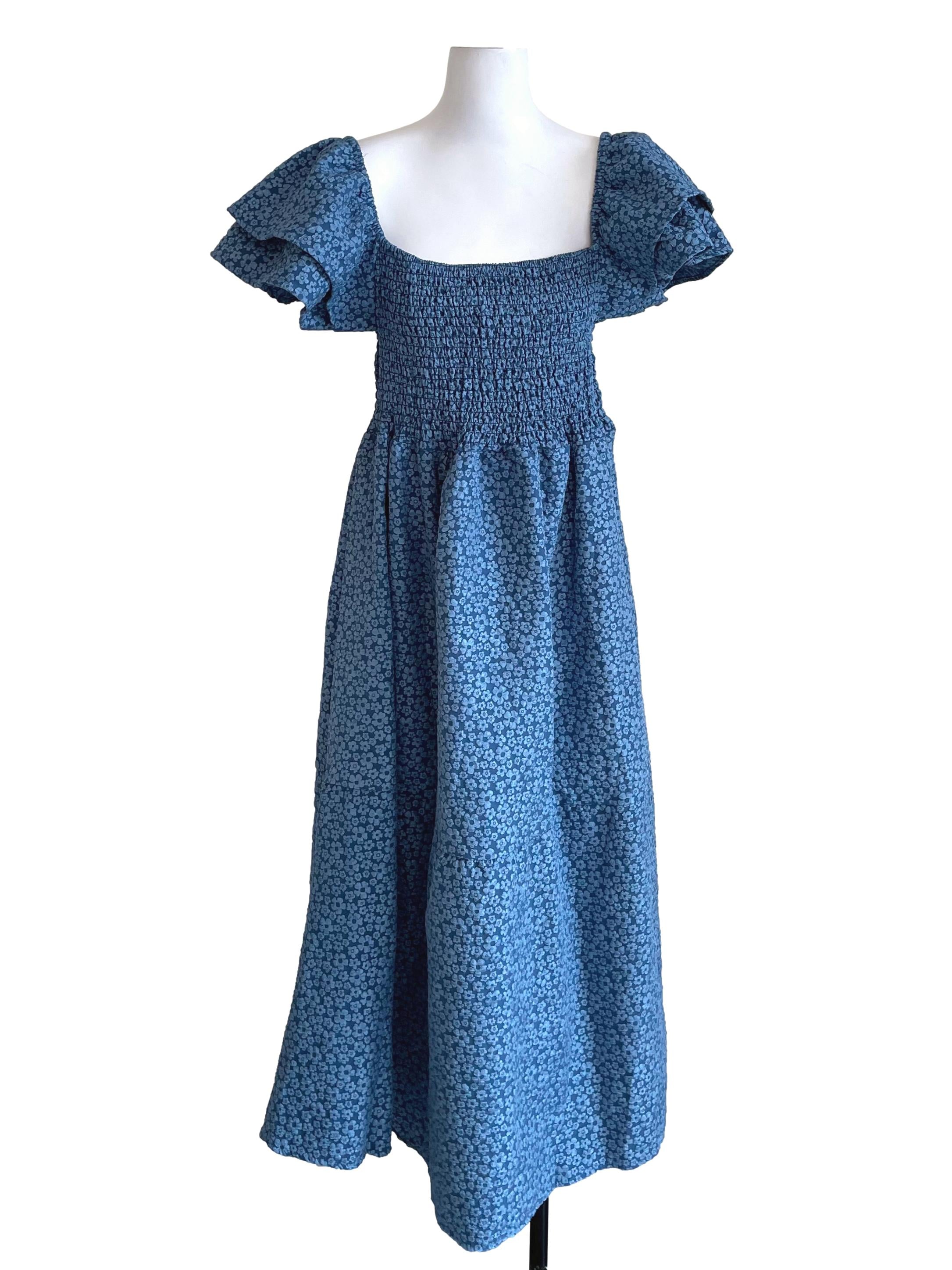 Blue Floral Butterfly Sleeves Shirred Dress