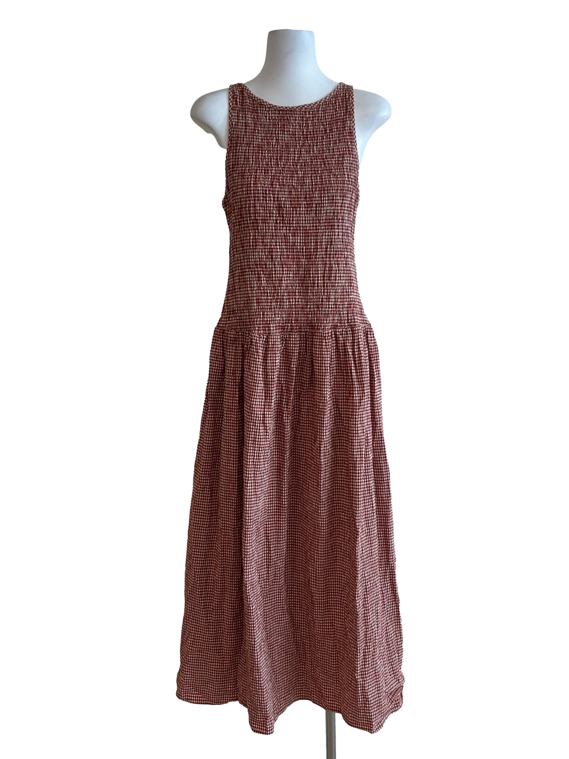 Crimson Red And White Checked Smocked Dress