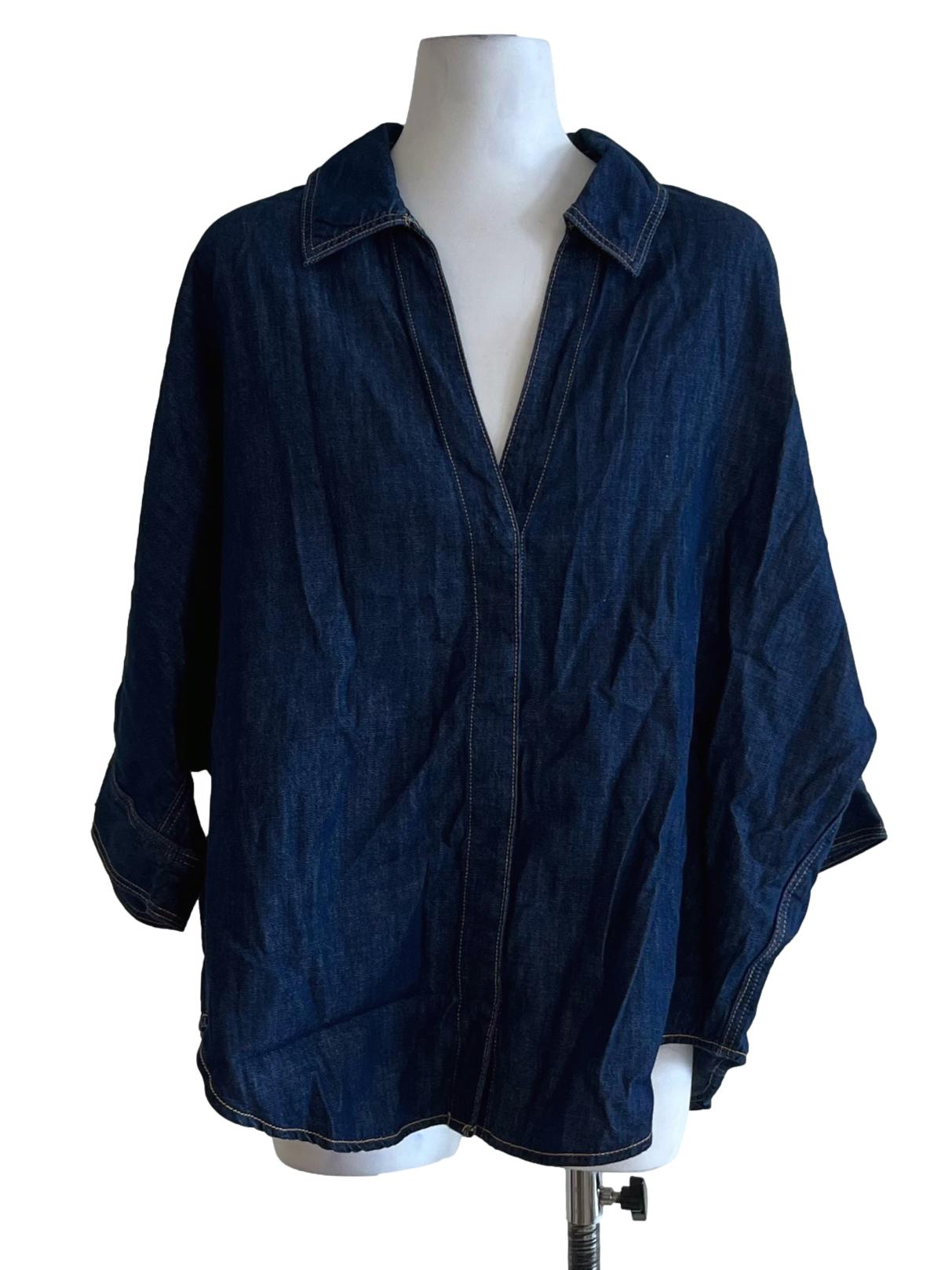 Navy Blue Denim Wing Collar Blouse