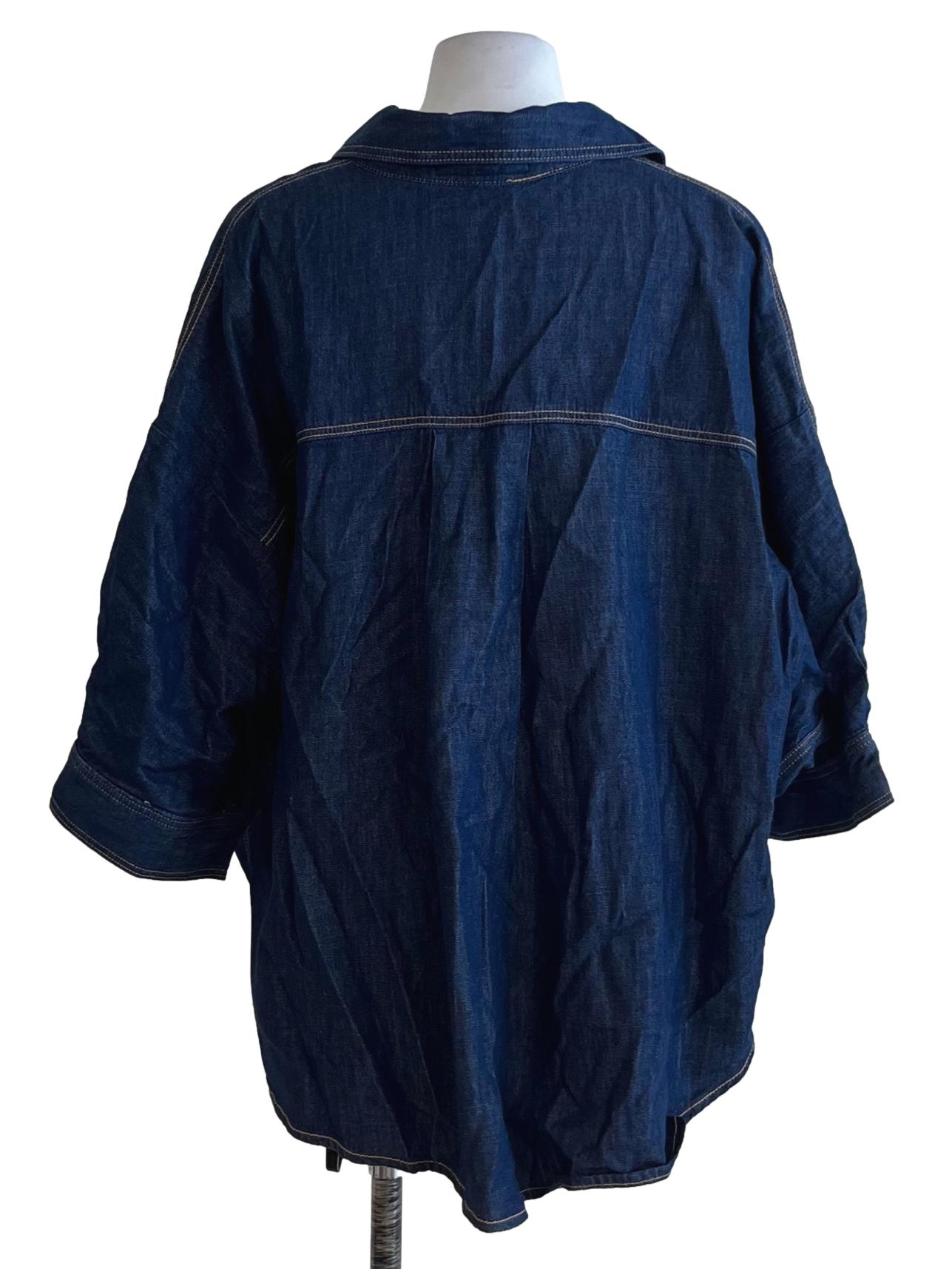 Navy Blue Denim Wing Collar Blouse