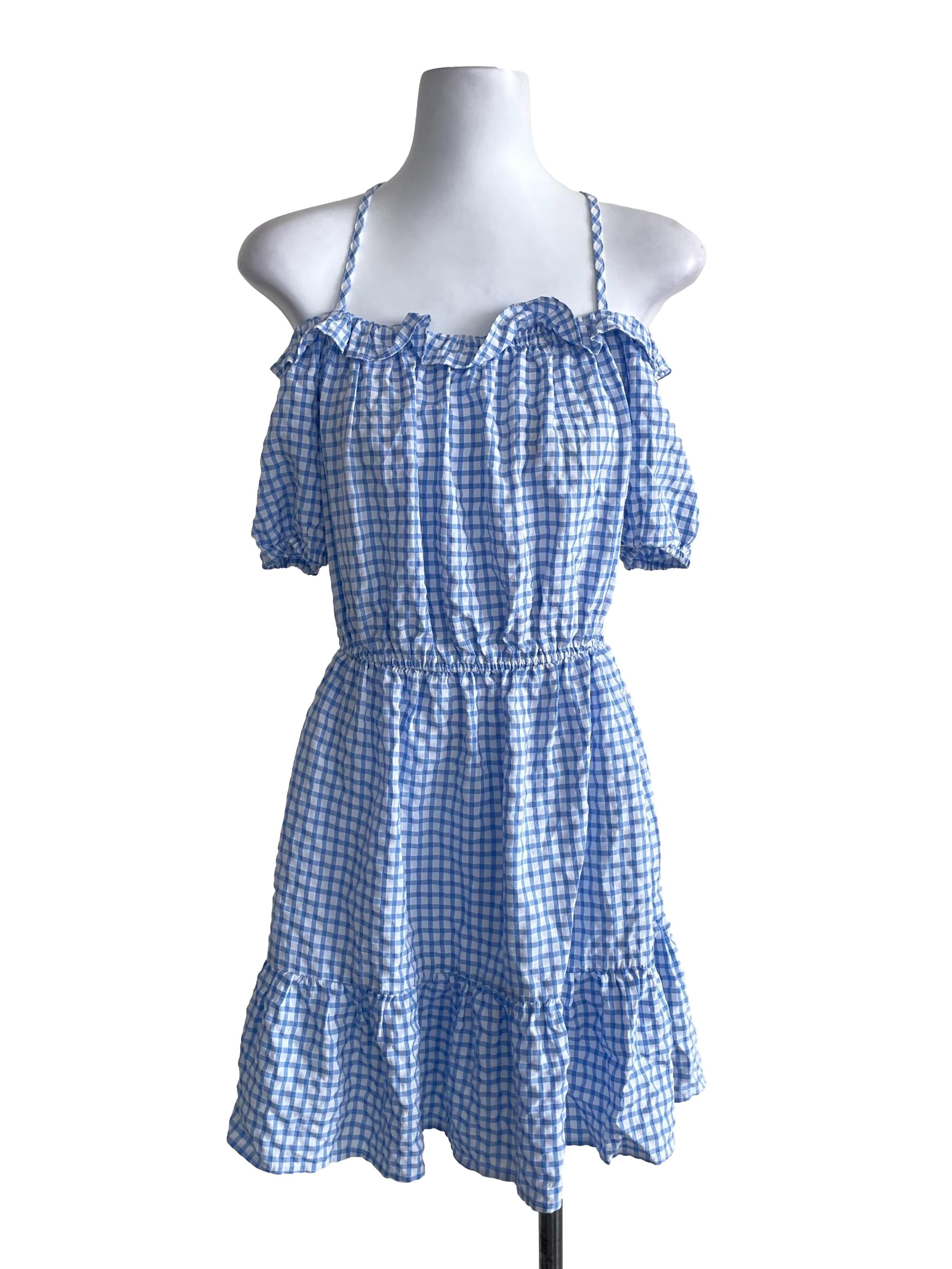 Blue Gingham Off Shoulder Dress