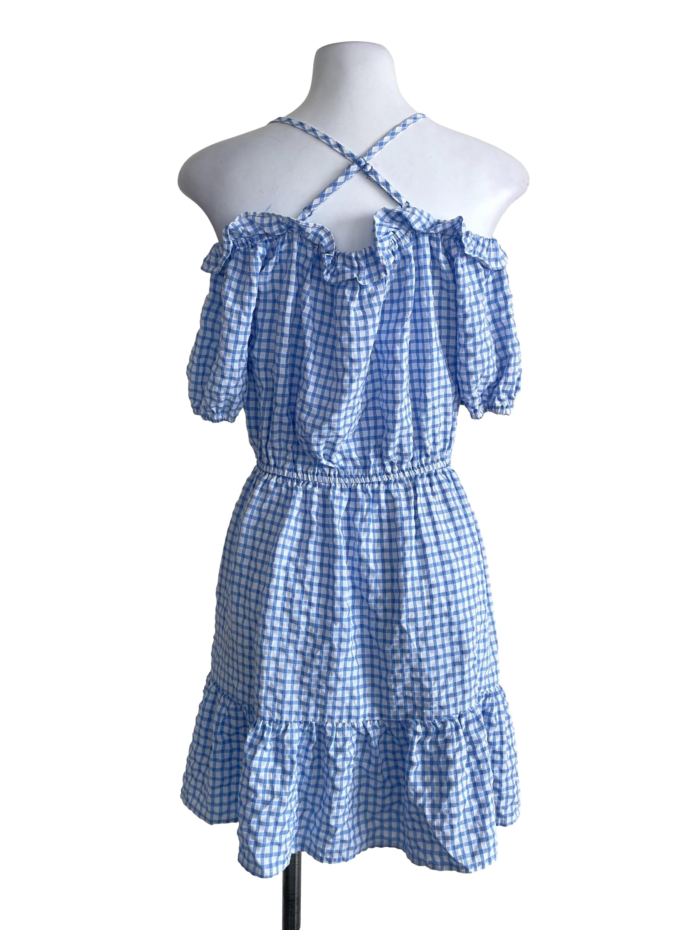 Blue Gingham Off Shoulder Dress