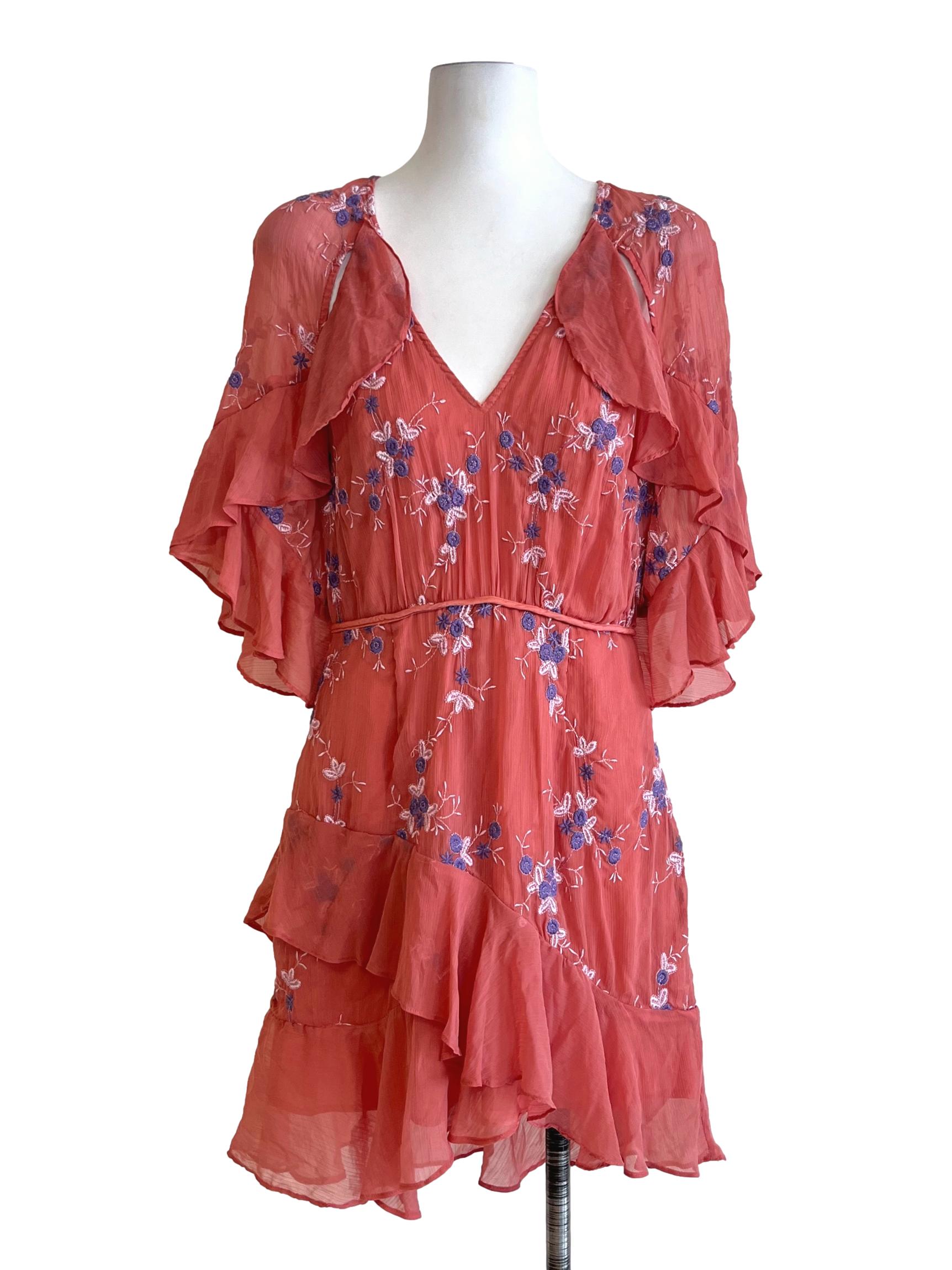 Coral Pink Floral Ruffle Mini Dress