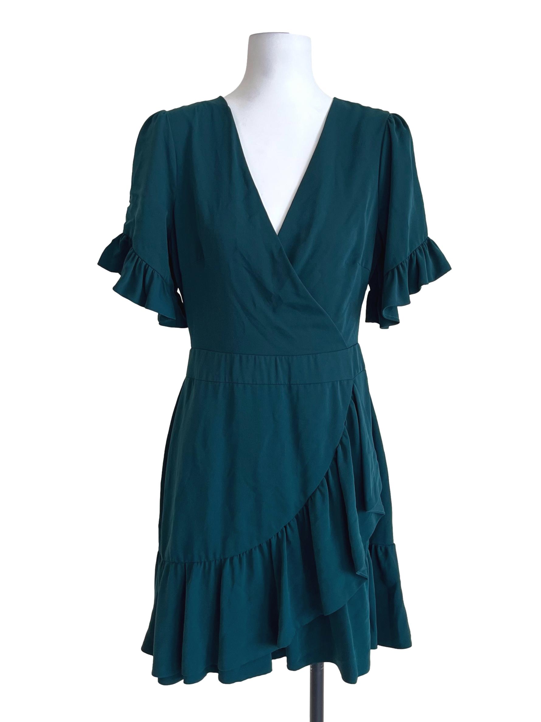 Peacock Green V-Neckline Mini Ruffle Dress