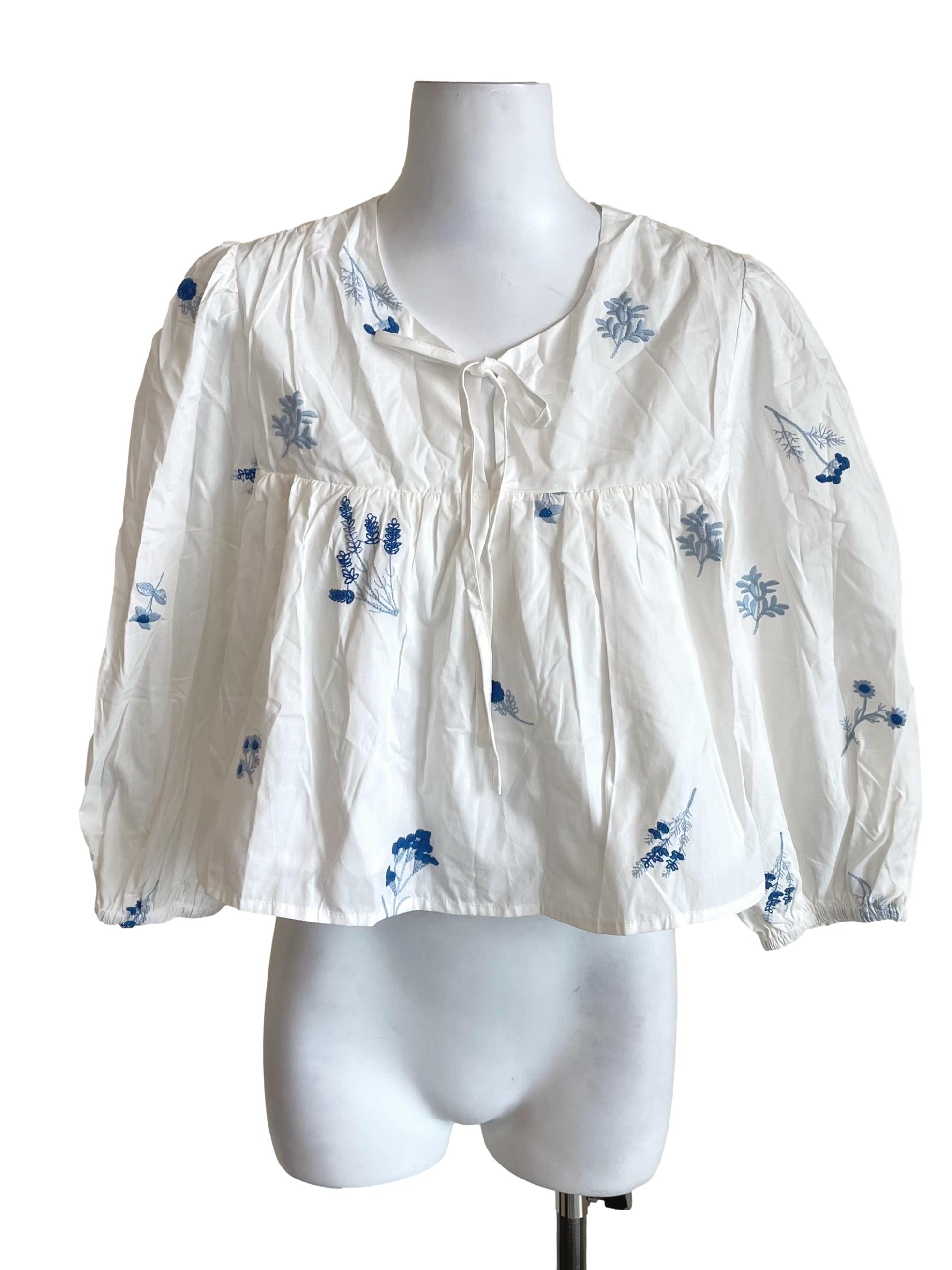 White Floral Draping Babydoll Top