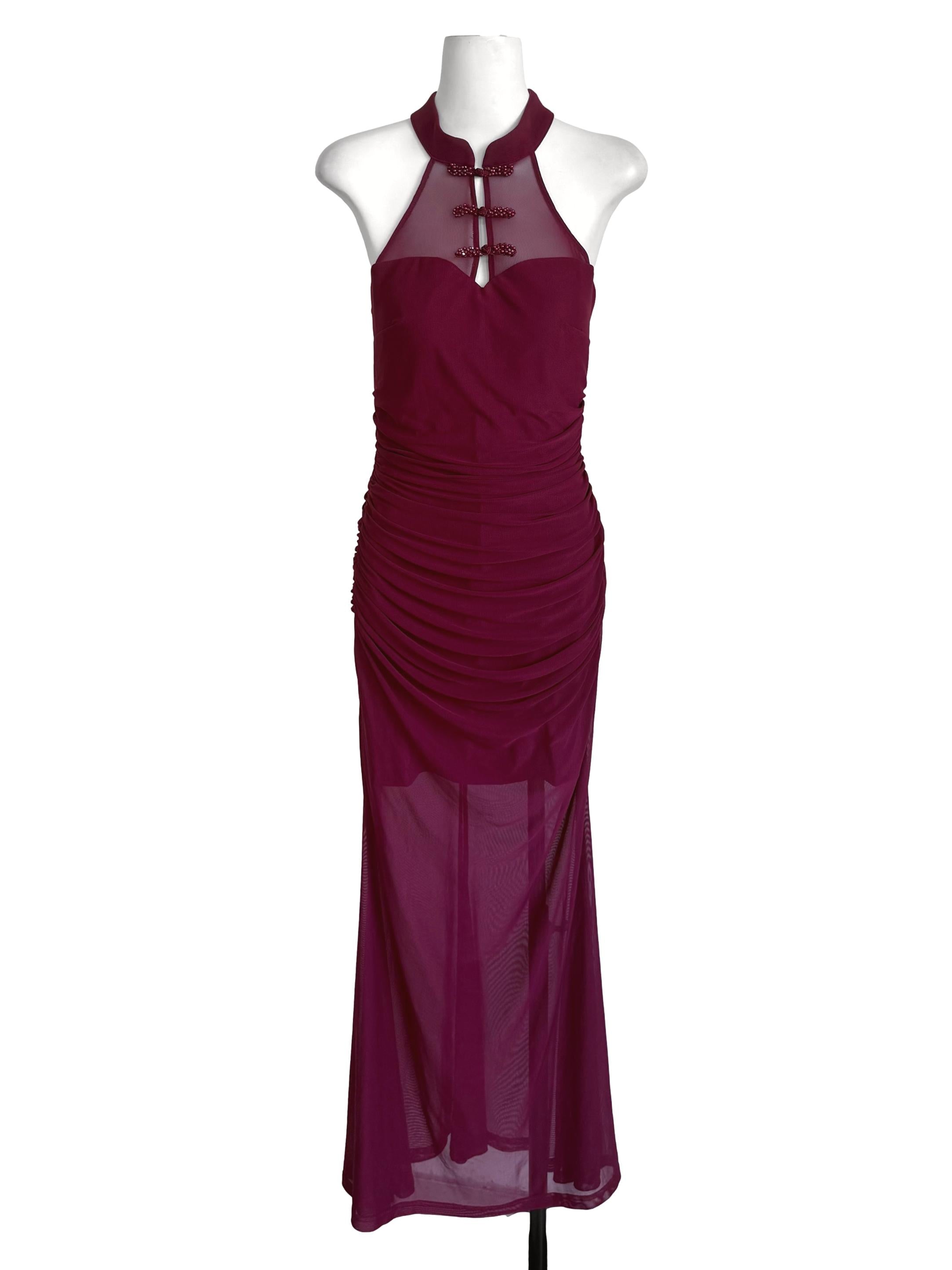Jam Rhinestones Draped Mesh Cheongsam Dress