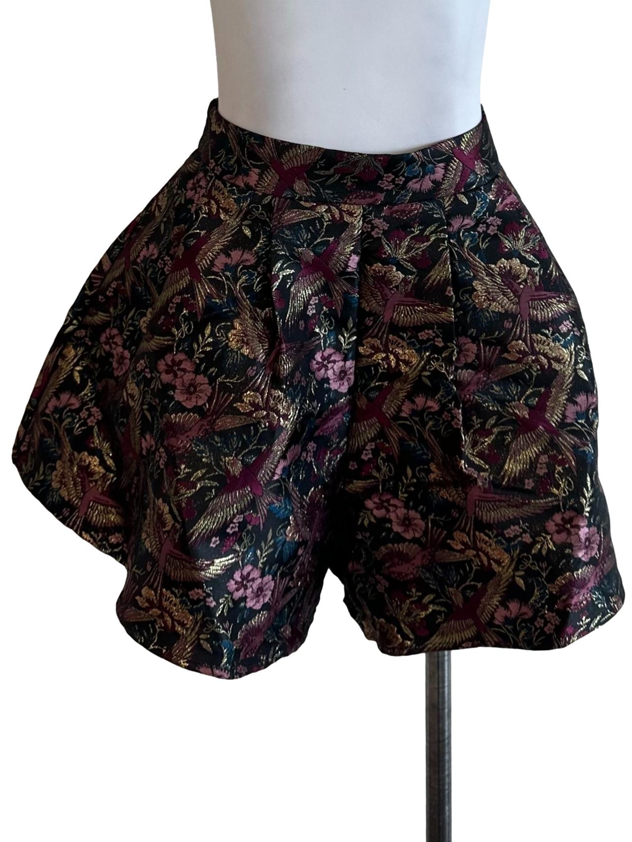 Onyx Black Floral Textured Brocade Shorts