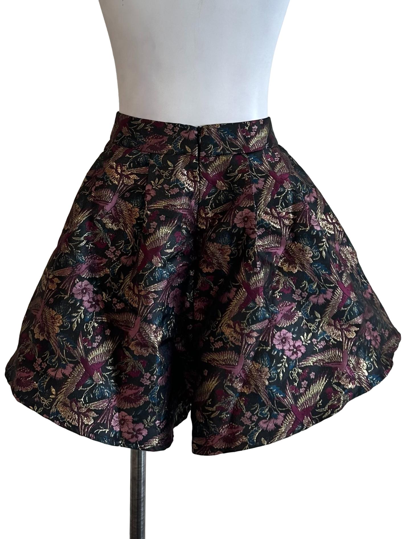 Onyx Black Floral Textured Brocade Shorts