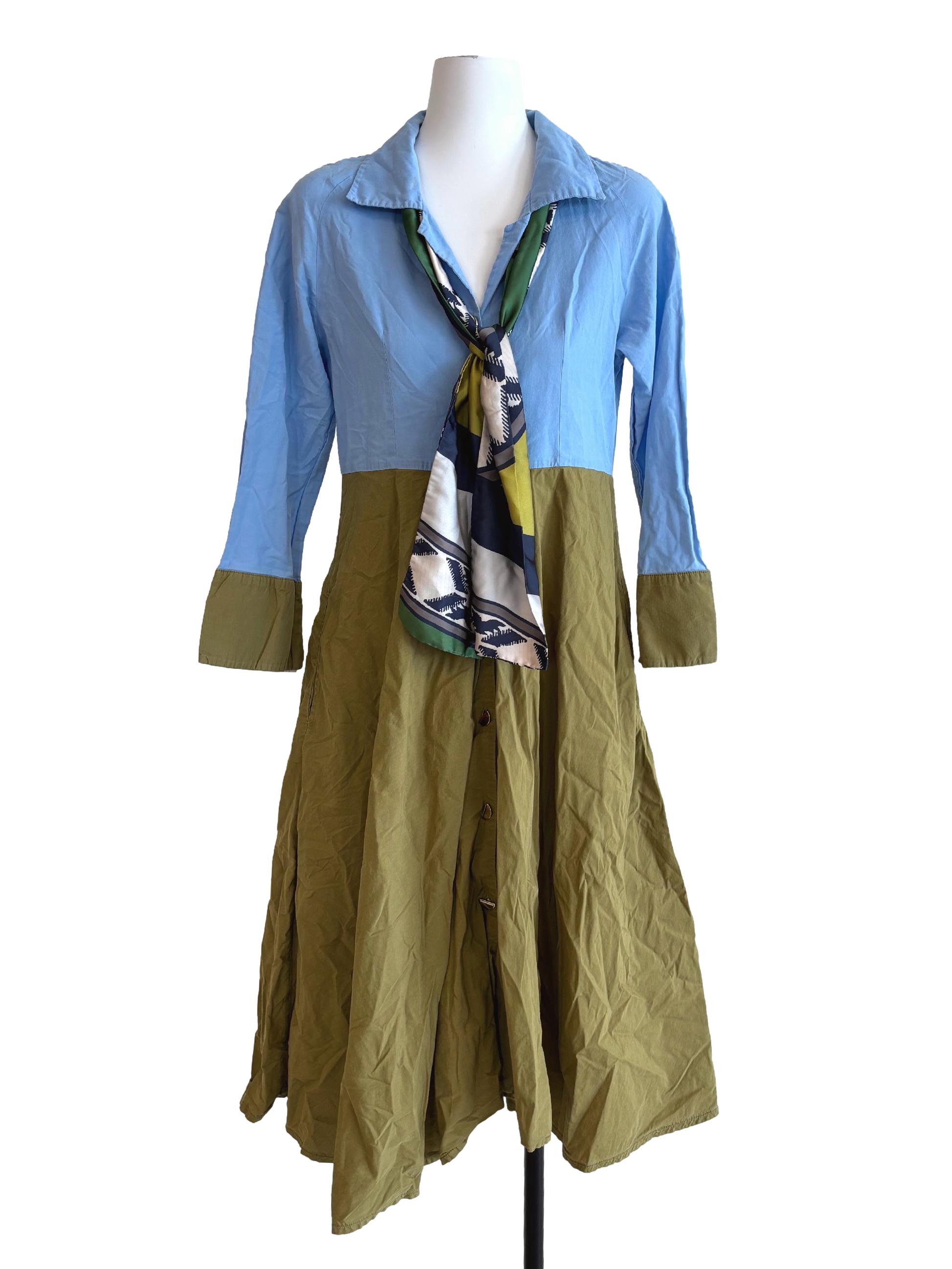 Sky Blue Olive Green Cotton Dress