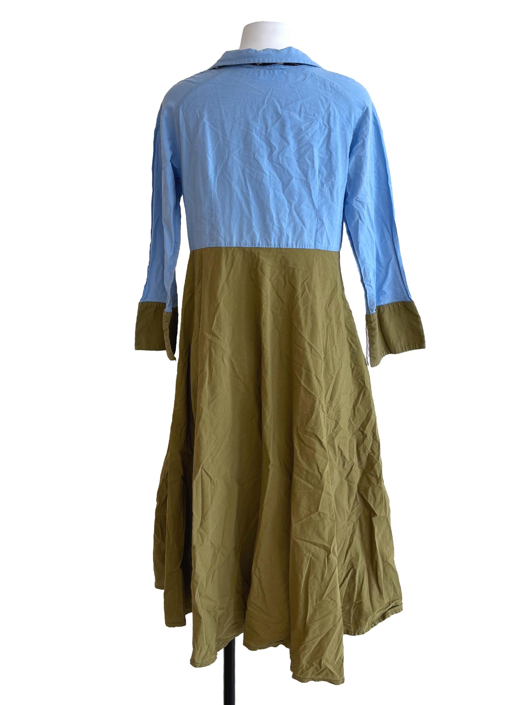 Sky Blue Olive Green Cotton Dress