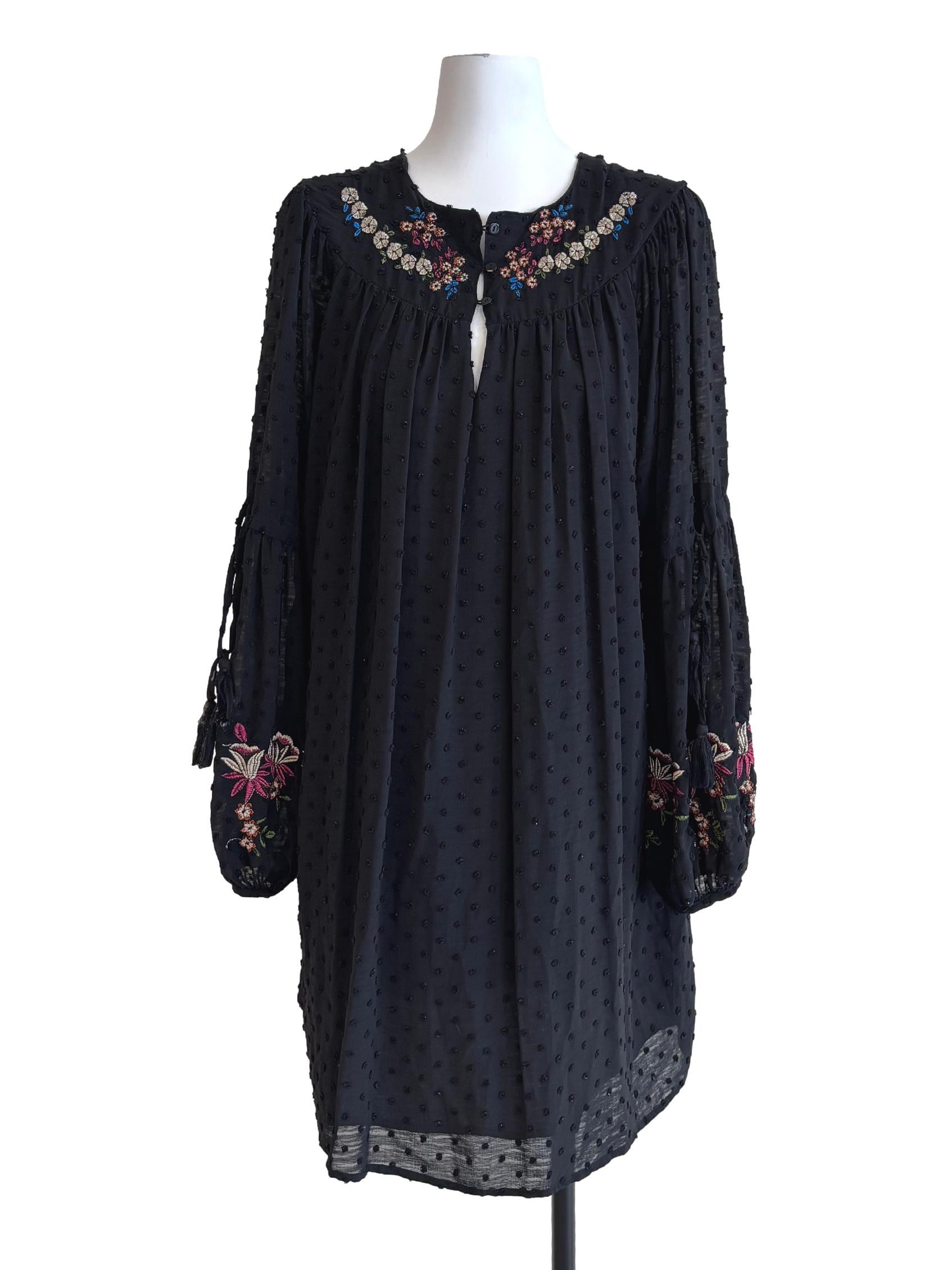 Jet Black Long Sleeve Textured Shift Dress