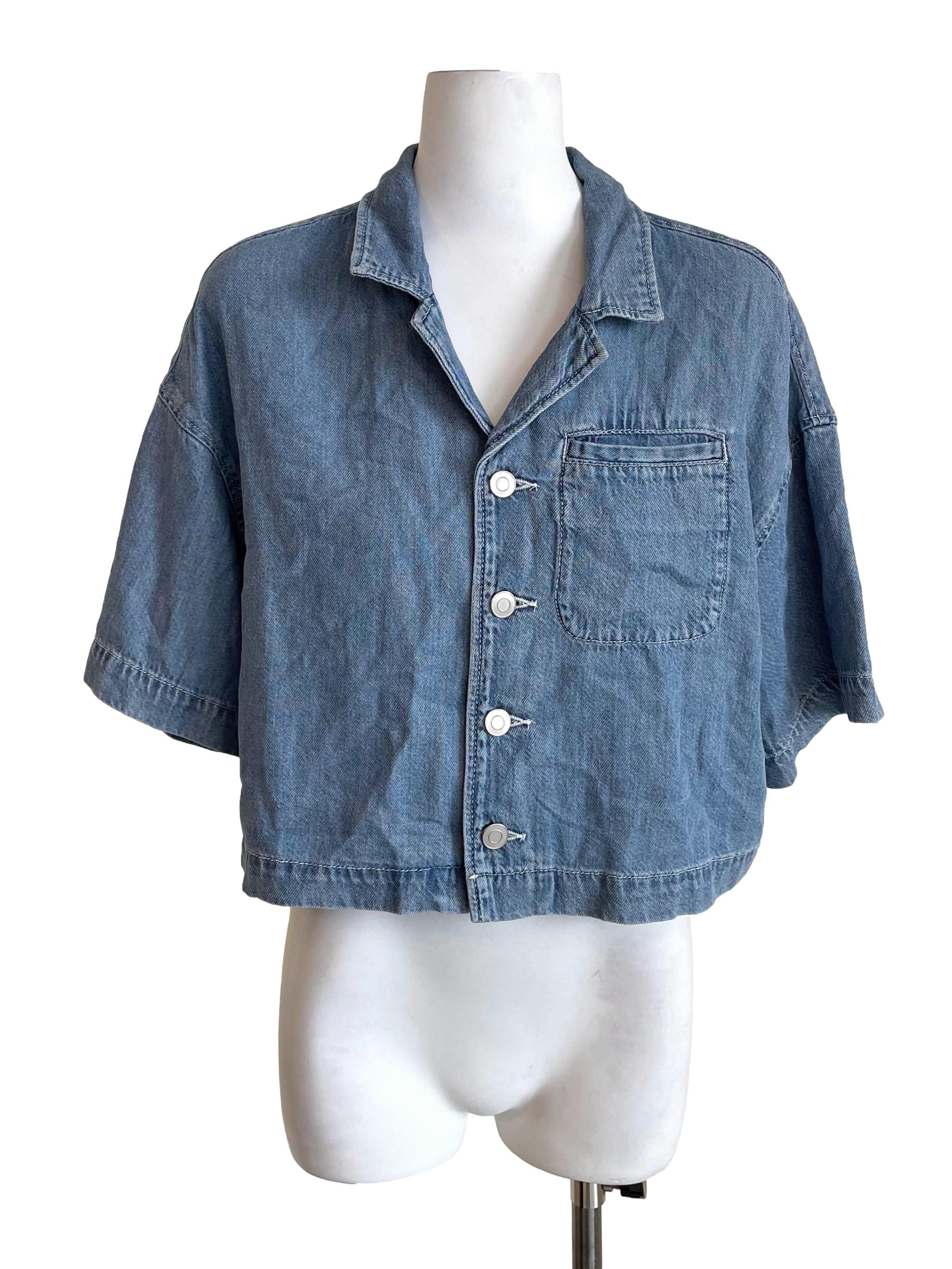 Ash Blue Thin Denim Crop Shirt