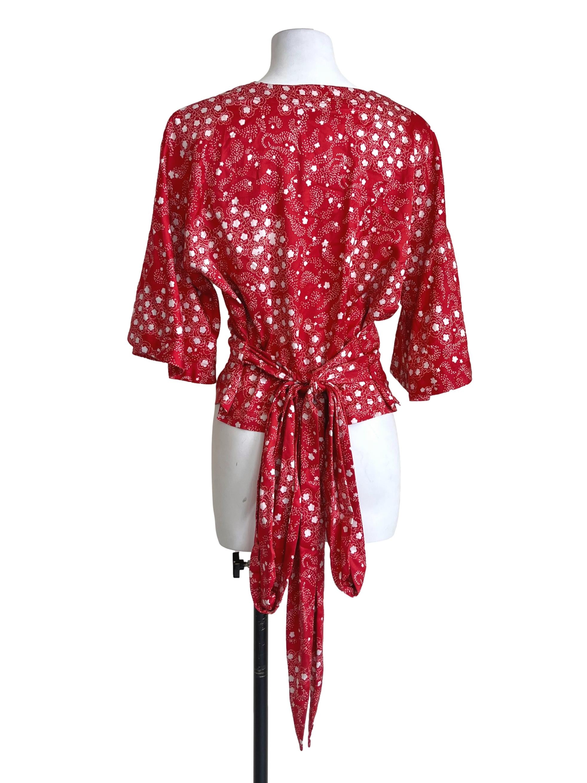 Candy Red Floral Print Wrap Blouses