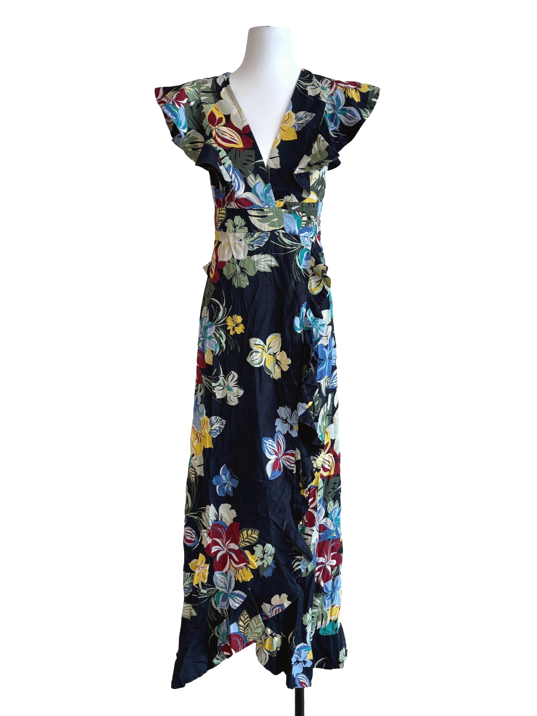Blue Black Floral Cotton Wrap Dress