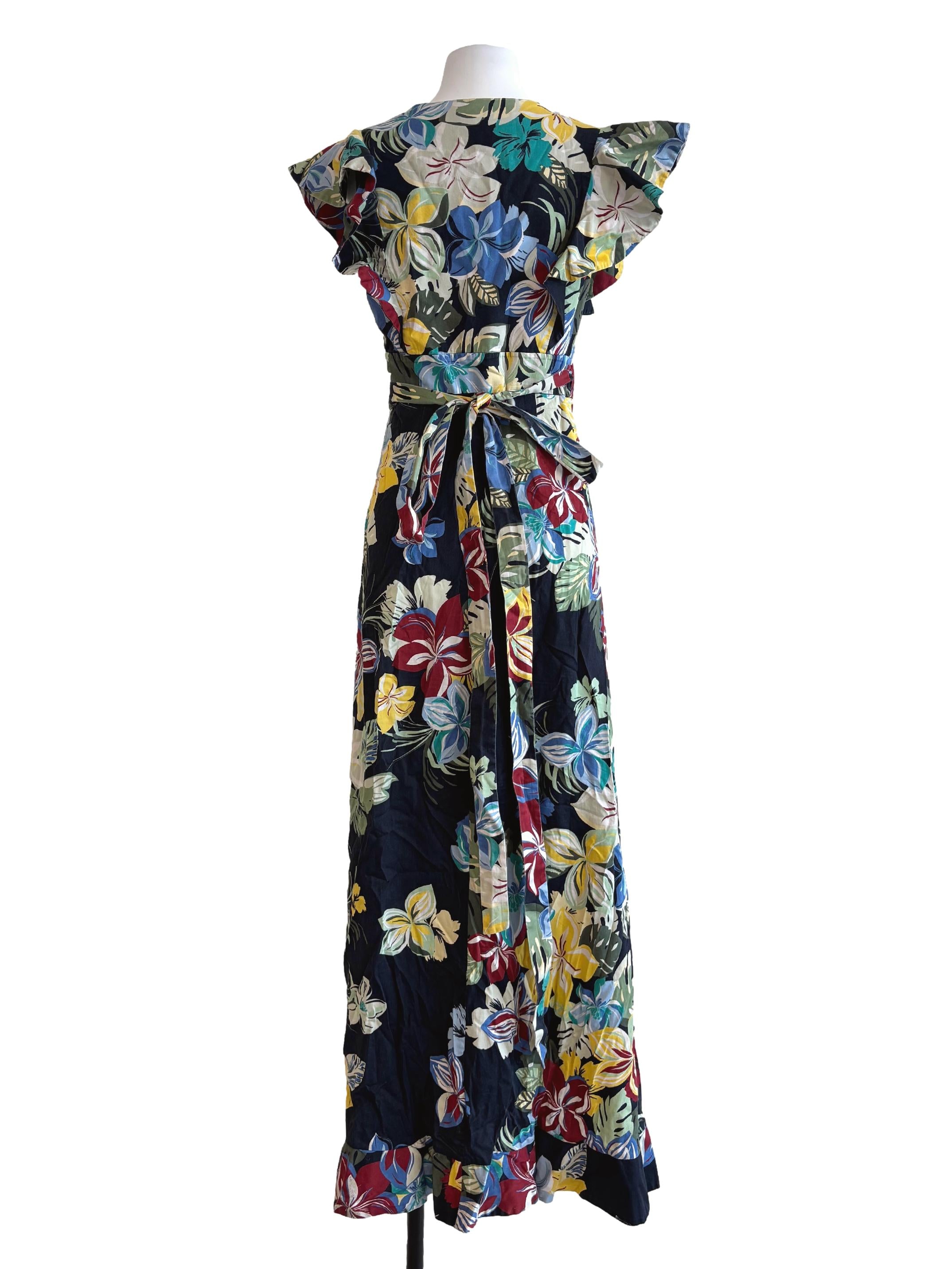 Blue Black Floral Cotton Wrap Dress